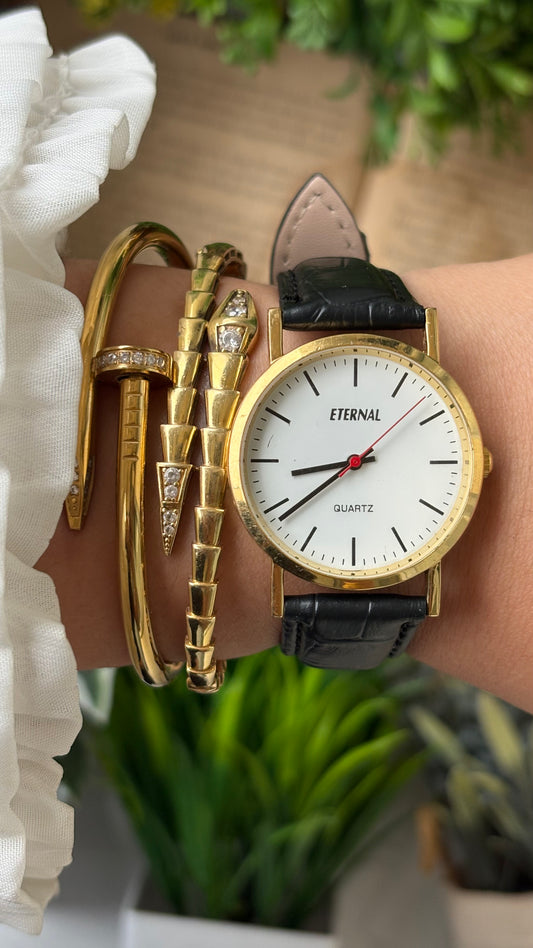 Vintage Eternal Minimalist Men's Watch in Gold Tone Black Leather Quartz #00937