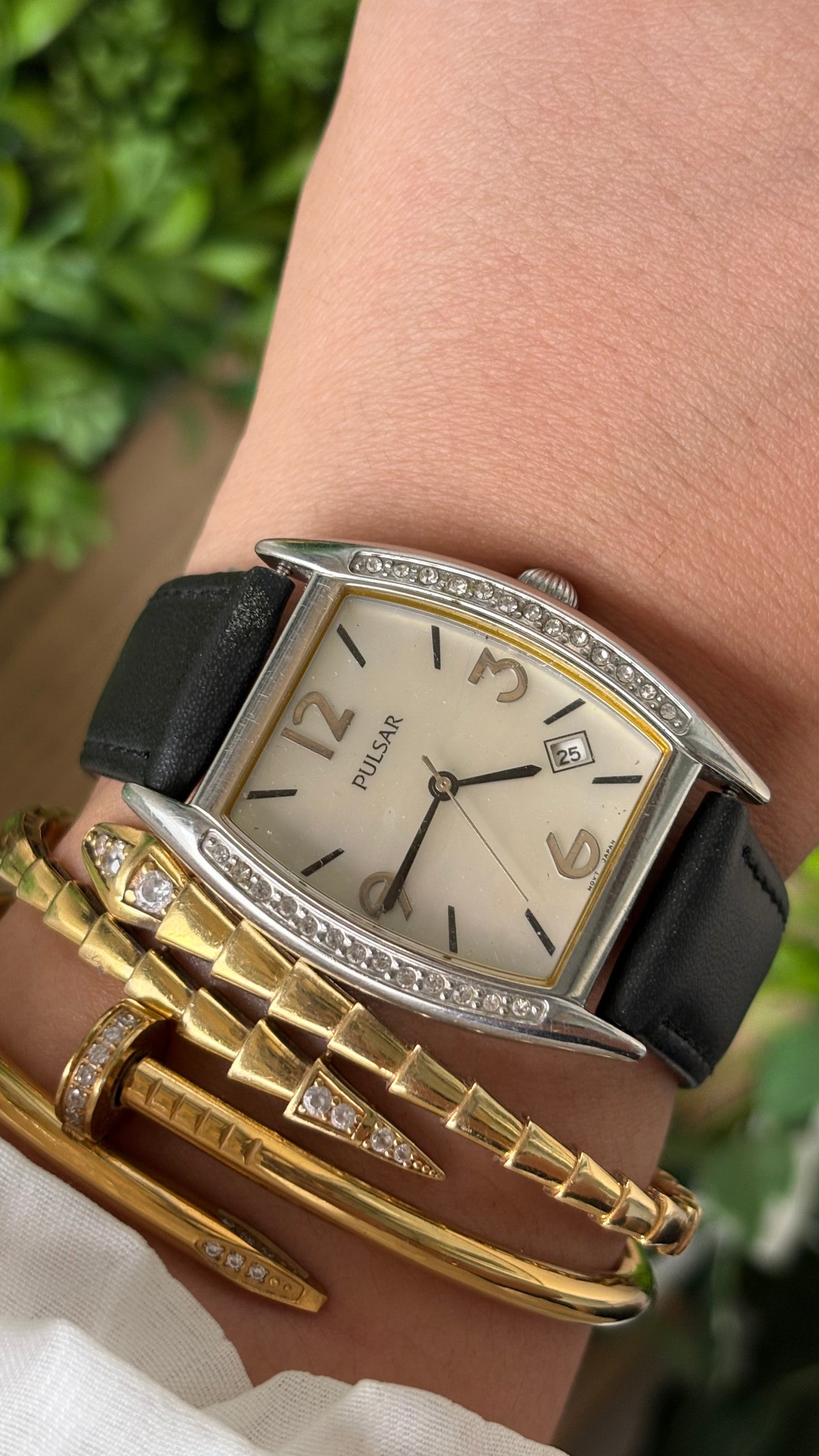 Rare Vintage Pulsar Date Window Side Rhinestone Accent on Bezel Watch in Silver Tone Black Leather Mother of Pearl Dial Quartz Franck Muller Inspired #00913