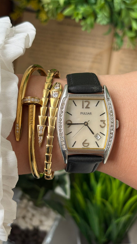 Rare Vintage Pulsar Date Window Side Rhinestone Accent on Bezel Watch in Silver Tone Black Leather Mother of Pearl Dial Quartz Franck Muller Inspired #00913