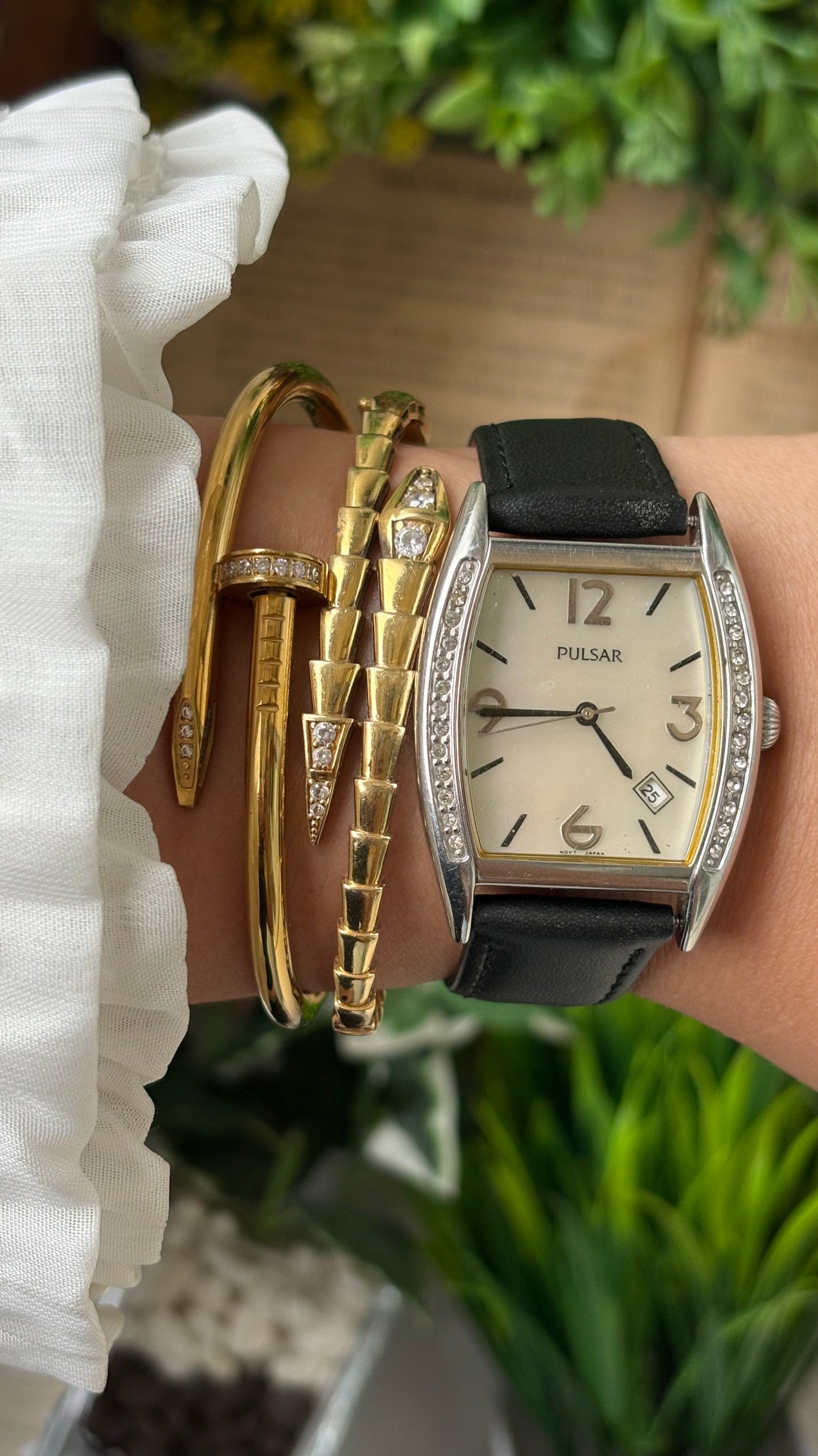 Rare Vintage Pulsar Date Window Side Rhinestone Accent on Bezel Watch in Silver Tone Black Leather Mother of Pearl Dial Quartz Franck Muller Inspired #00913