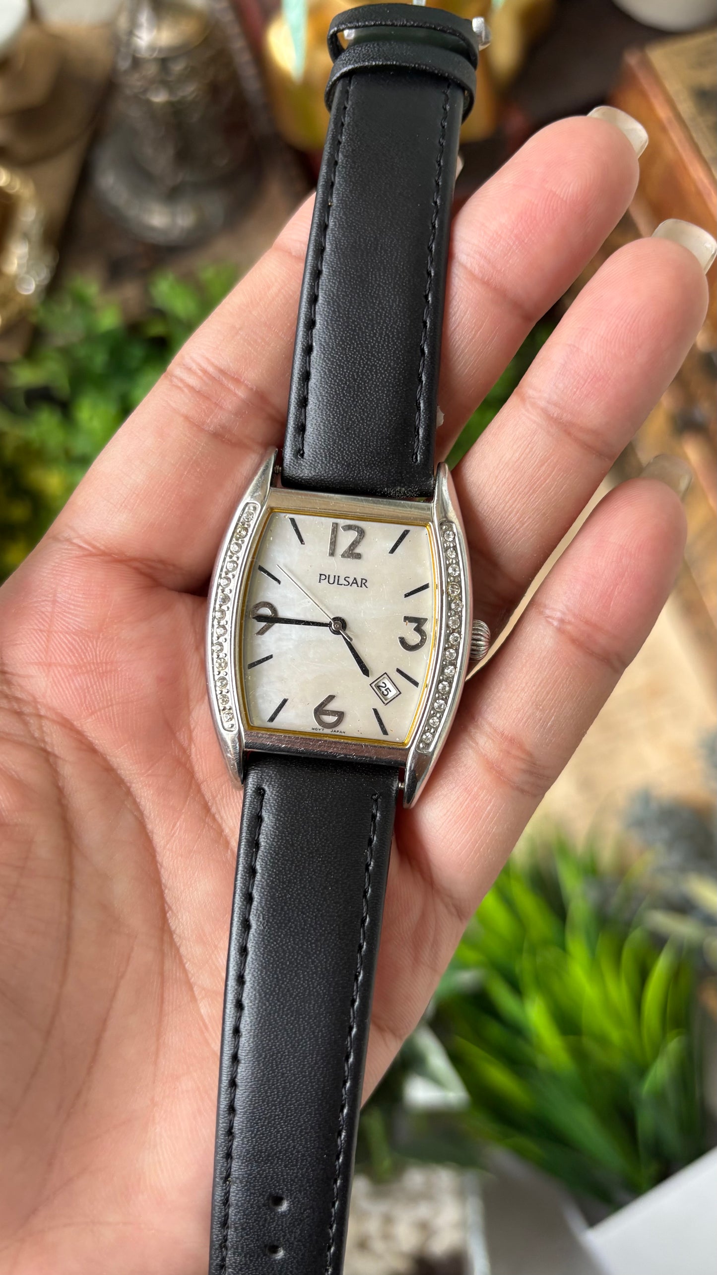 Rare Vintage Pulsar Date Window Side Rhinestone Accent on Bezel Watch in Silver Tone Black Leather Mother of Pearl Dial Quartz Franck Muller Inspired #00913