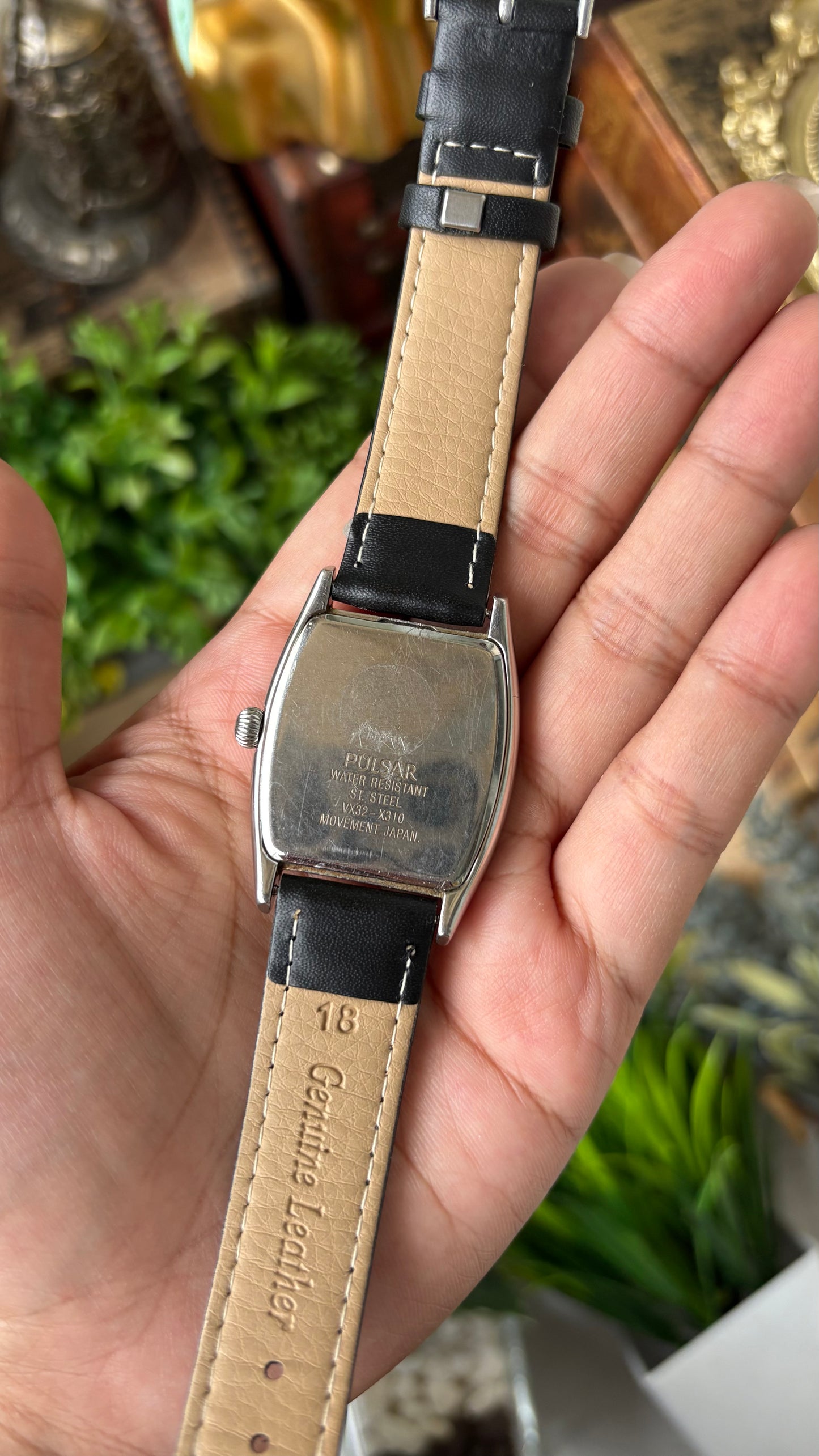 Rare Vintage Pulsar Date Window Side Rhinestone Accent on Bezel Watch in Silver Tone Black Leather Mother of Pearl Dial Quartz Franck Muller Inspired #00913