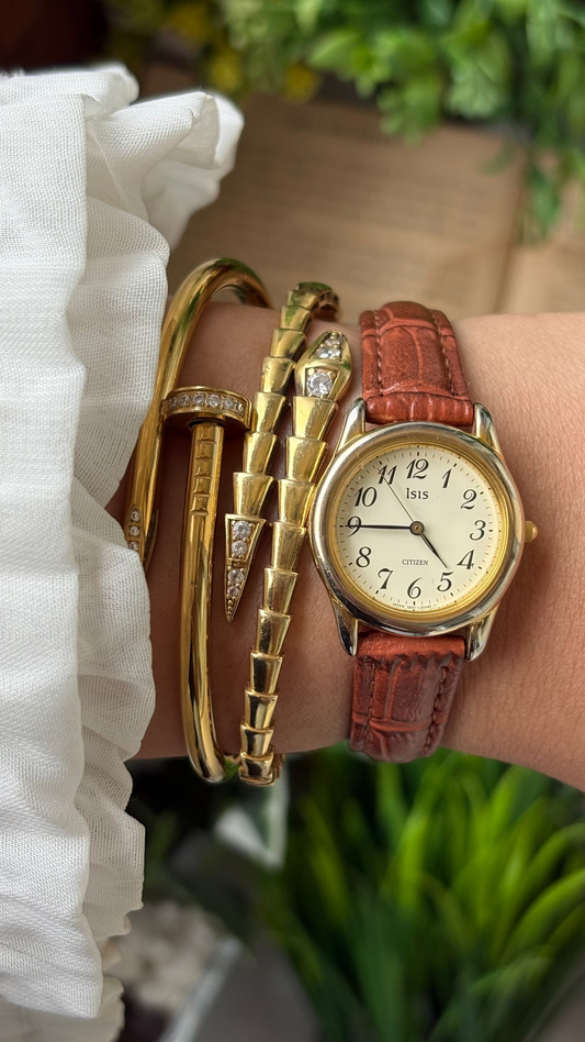 Dainty Vintage Isis Citizen Classic Watch in Gold Tone Honey Brown Leather Quartz #00916