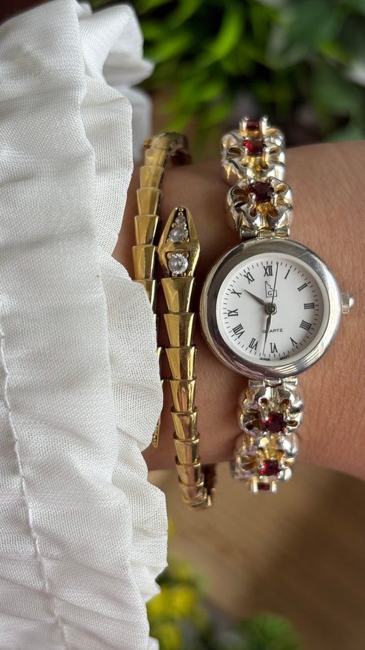 Extremely Rare Vintage Idaho Garnet Watch in Two-Tone Unique Flower Strap Design with 12 Real Garnet Accent