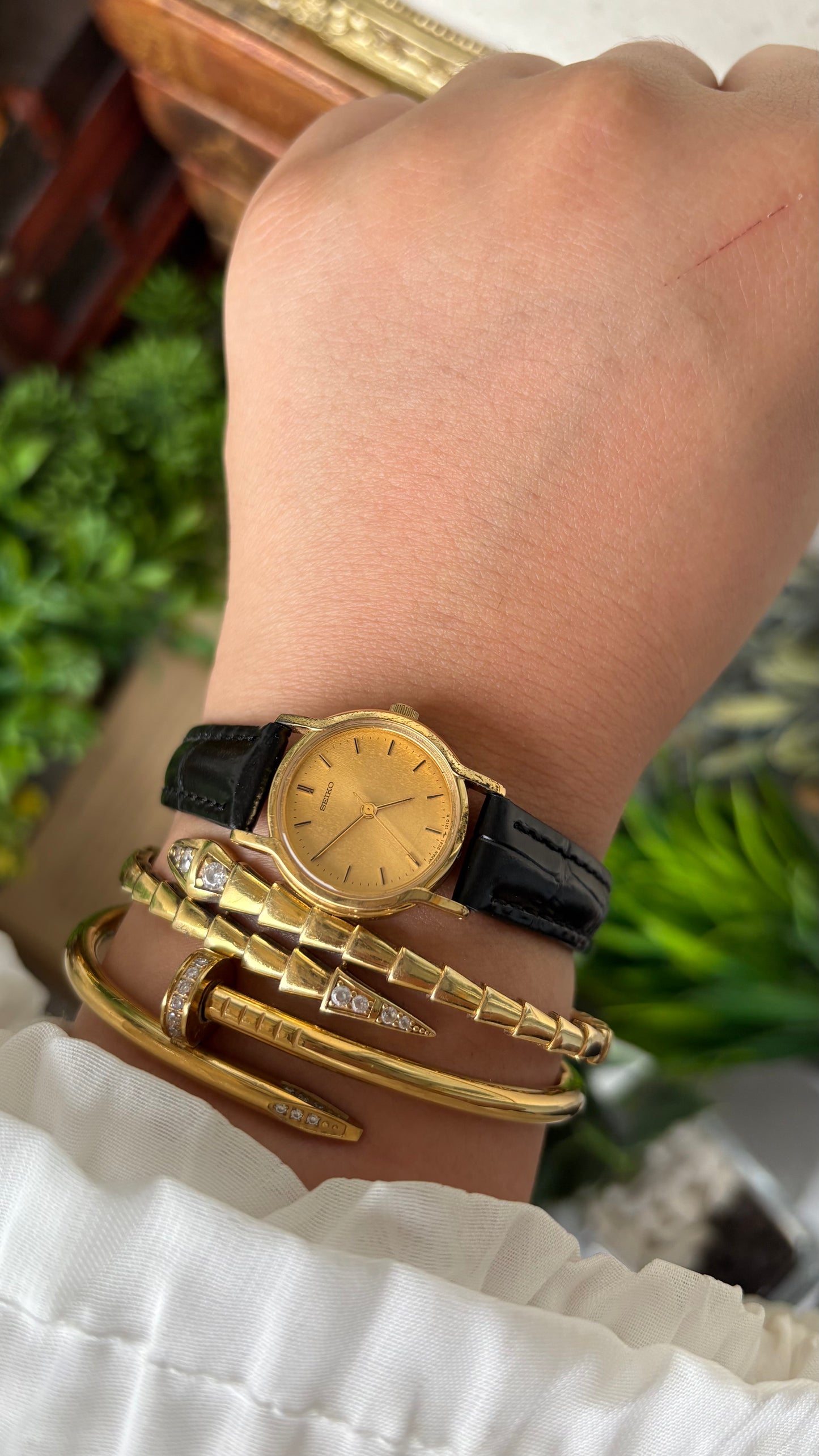 Dainty Vintage Seiko Yellow Gold Dial Minimalist Watch in Gold Tone Black Leather #00938