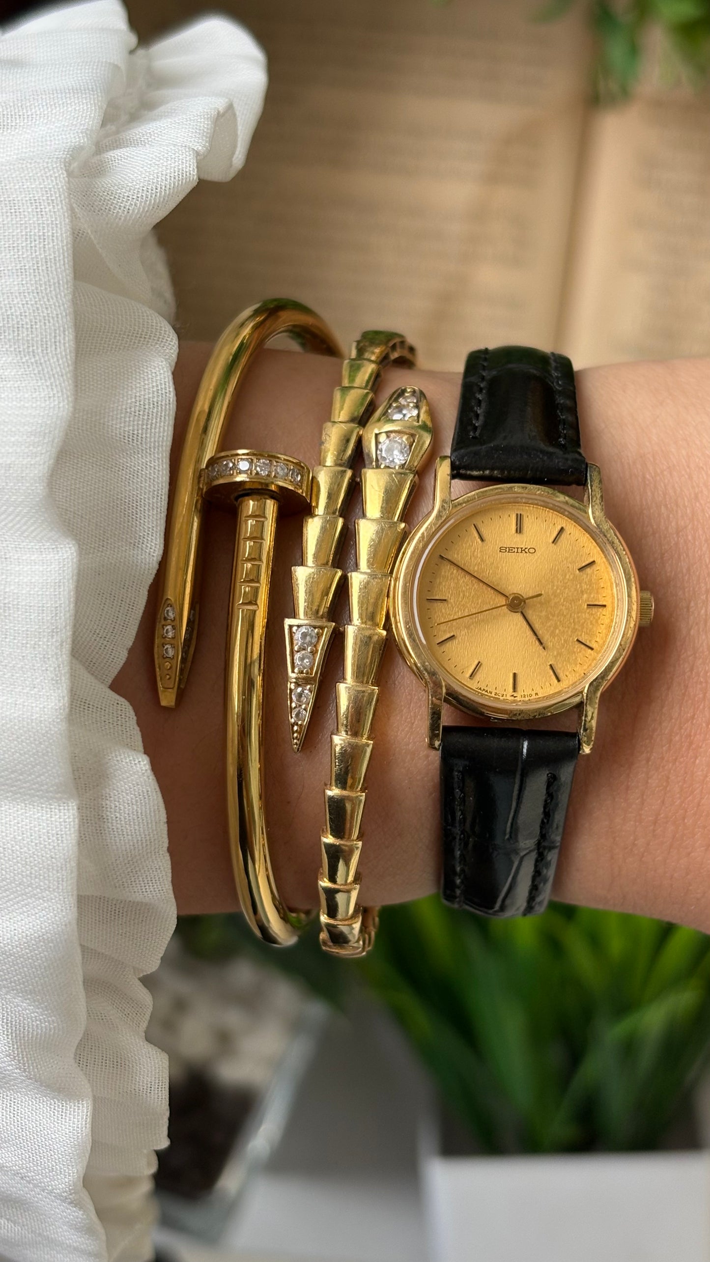 Dainty Vintage Seiko Yellow Gold Dial Minimalist Watch in Gold Tone Black Leather #00938