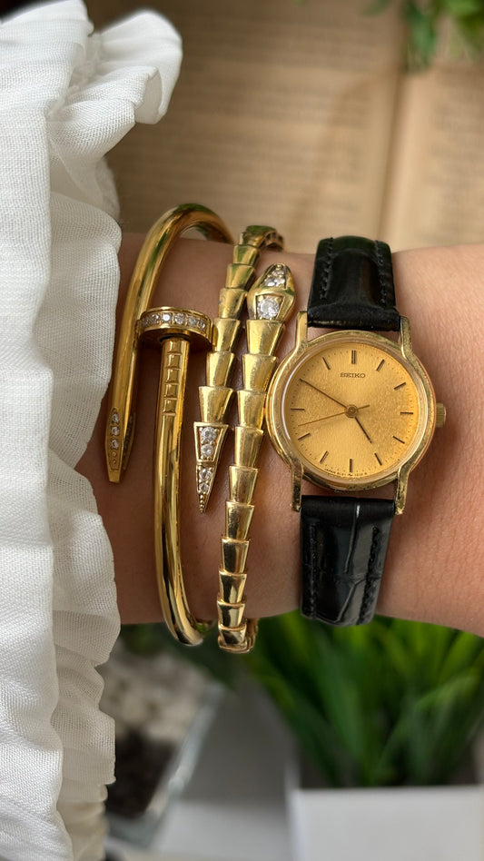 Dainty Vintage Seiko Yellow Gold Dial Minimalist Watch in Gold Tone Black Leather #00938