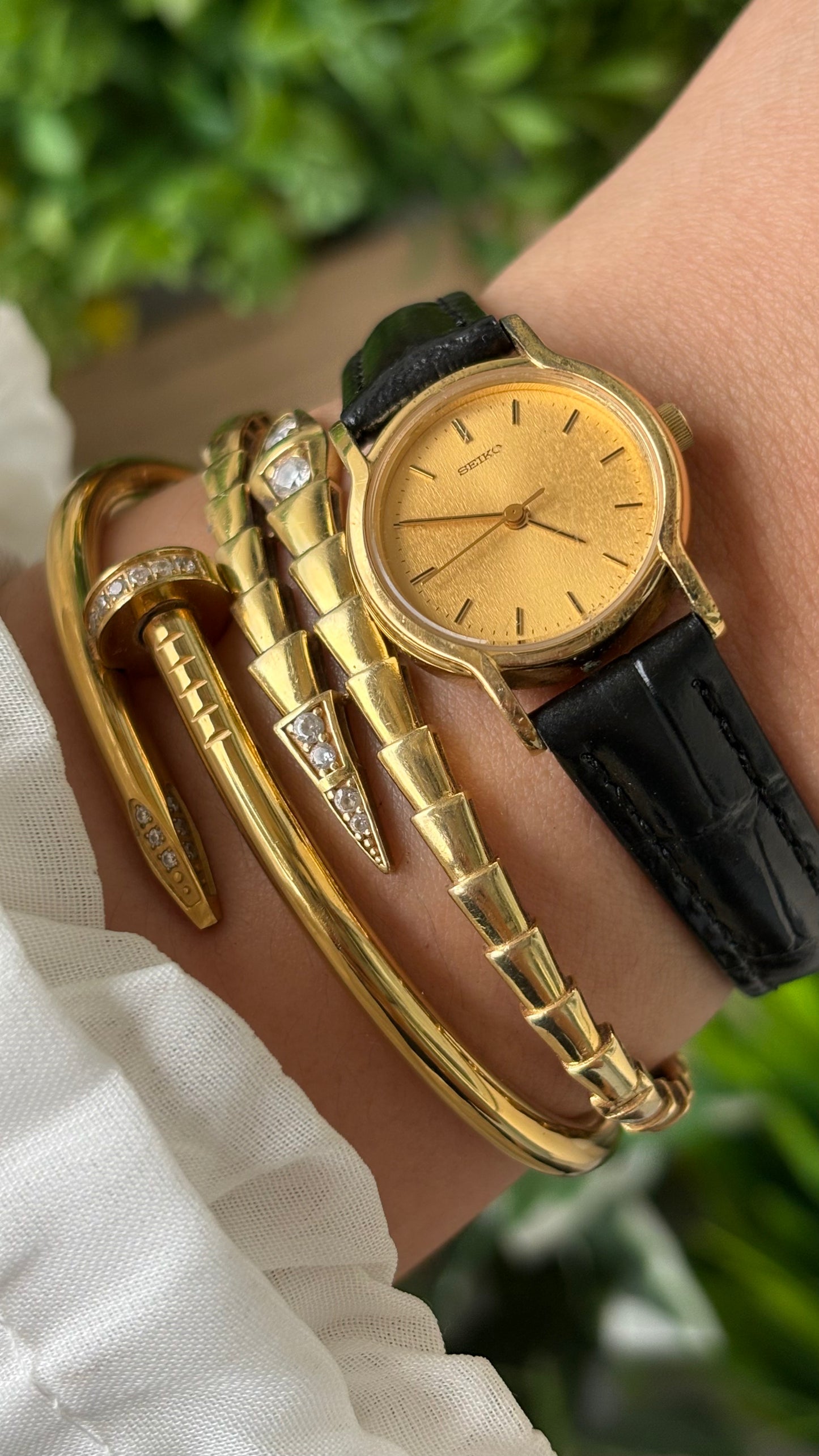 Dainty Vintage Seiko Yellow Gold Dial Minimalist Watch in Gold Tone Black Leather #00938