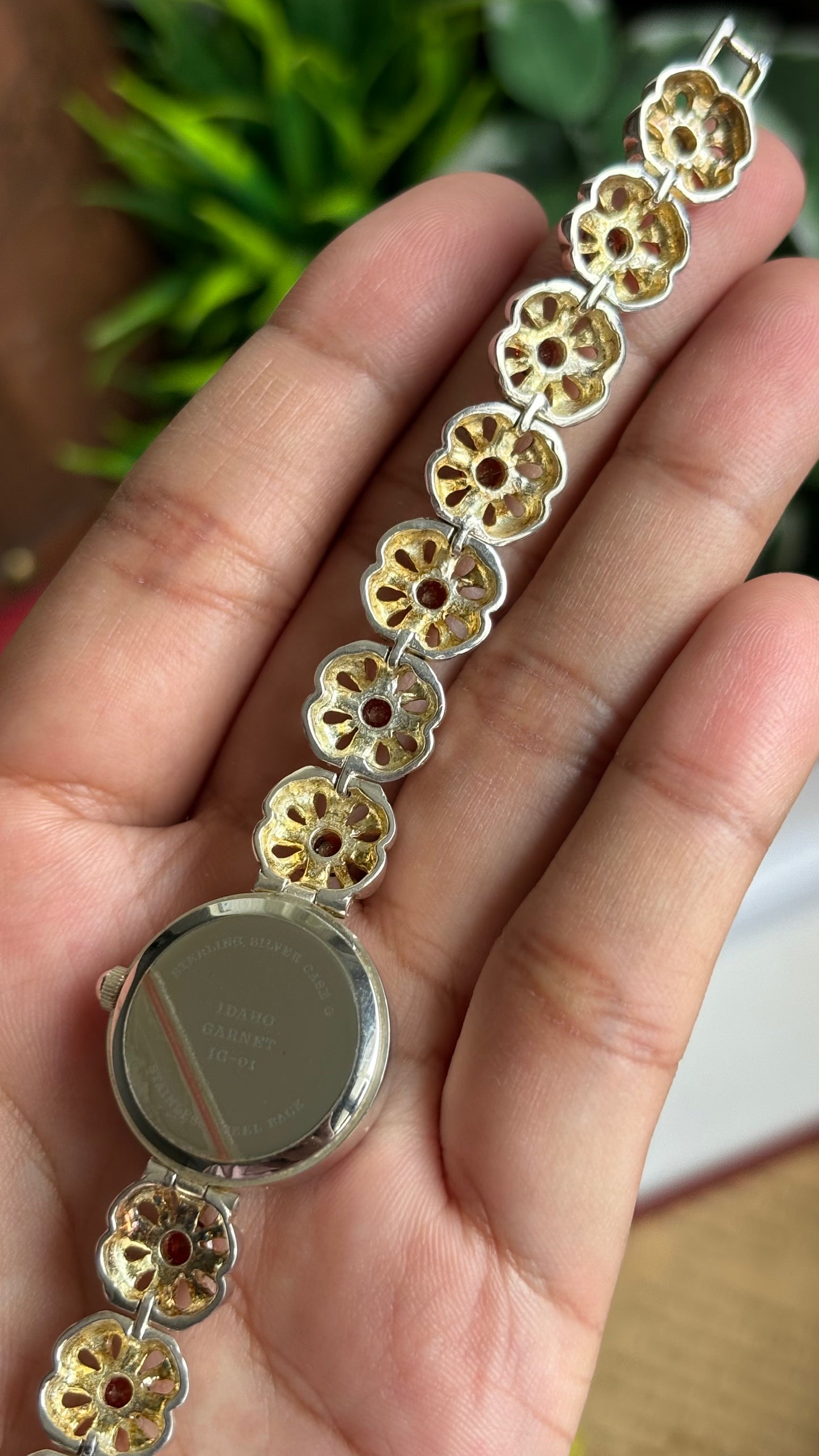 Extremely Rare Vintage Idaho Garnet Watch in Two-Tone Unique Flower Strap Design with 12 Real Garnet Accent