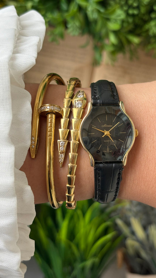 Vintage Dainty Moniex Elegant Blackout Dial Watch in Gold Tone Black Leather Quartz #00924