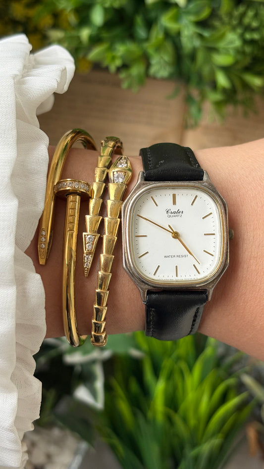 Vintage Crater Minimalist Tank Watch in Silver Tone Black Leather Quartz #00936