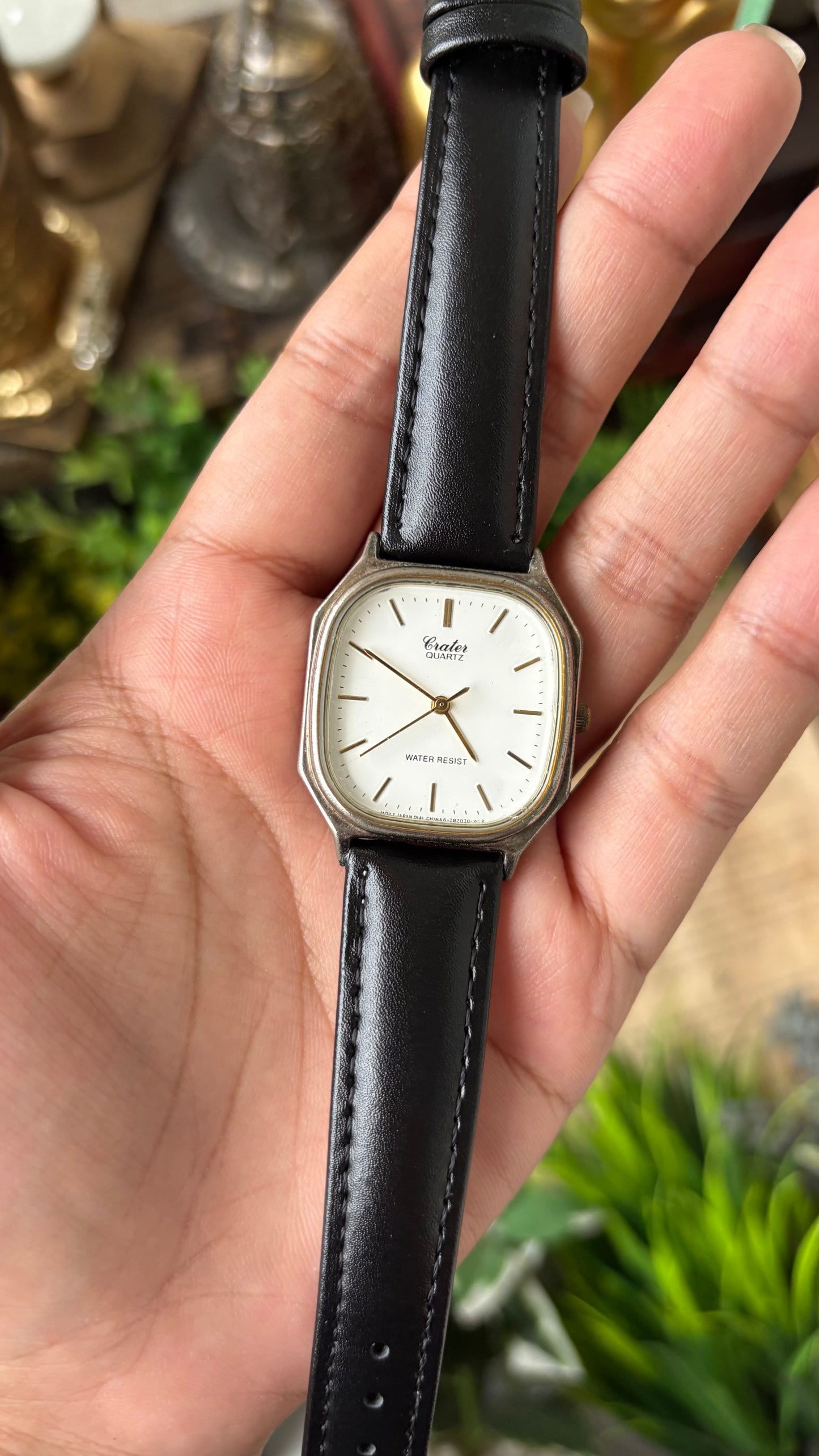 Vintage Crater Minimalist Tank Watch in Silver Tone Black Leather Quartz #00936