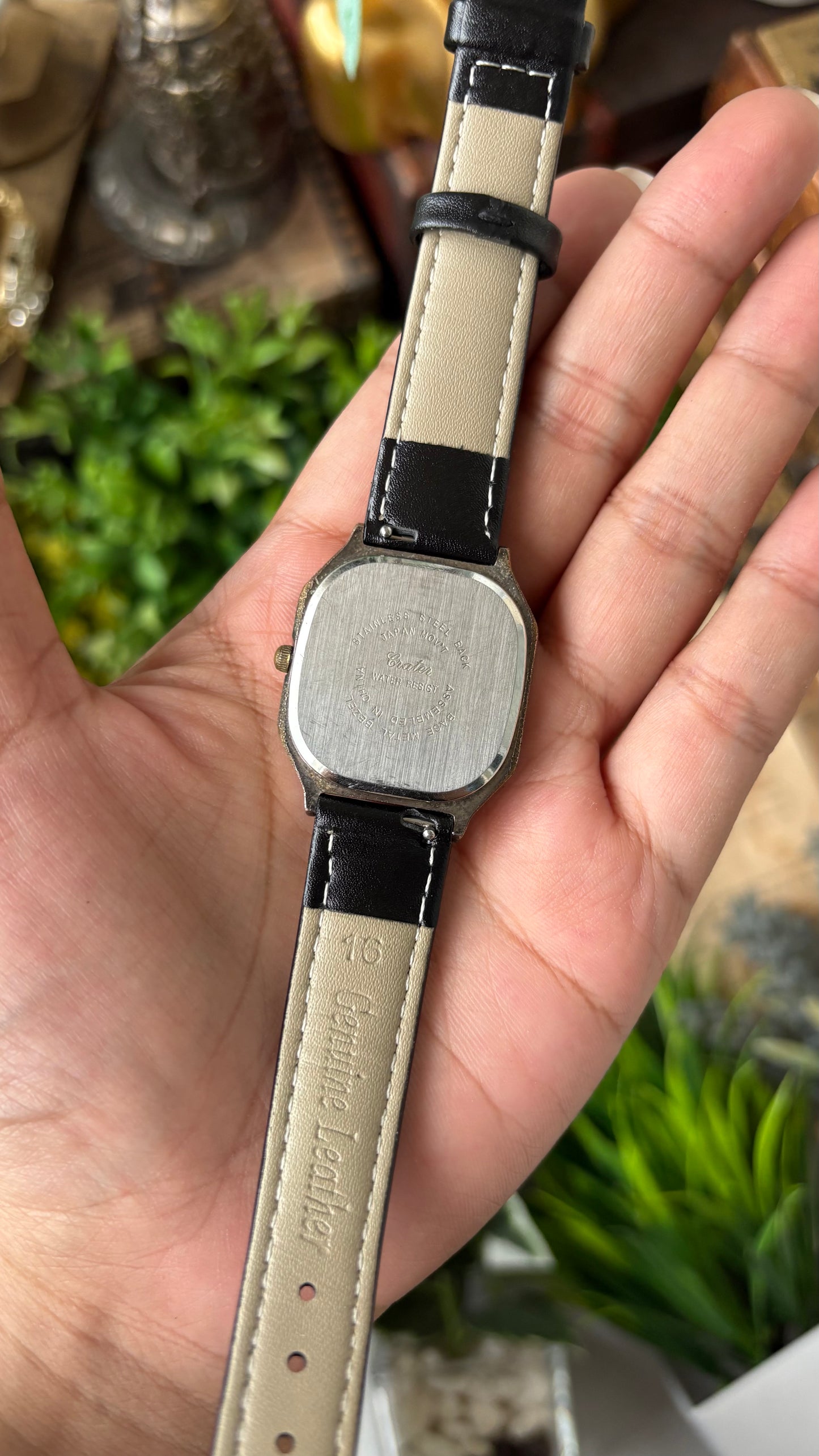 Vintage Crater Minimalist Tank Watch in Silver Tone Black Leather Quartz #00936