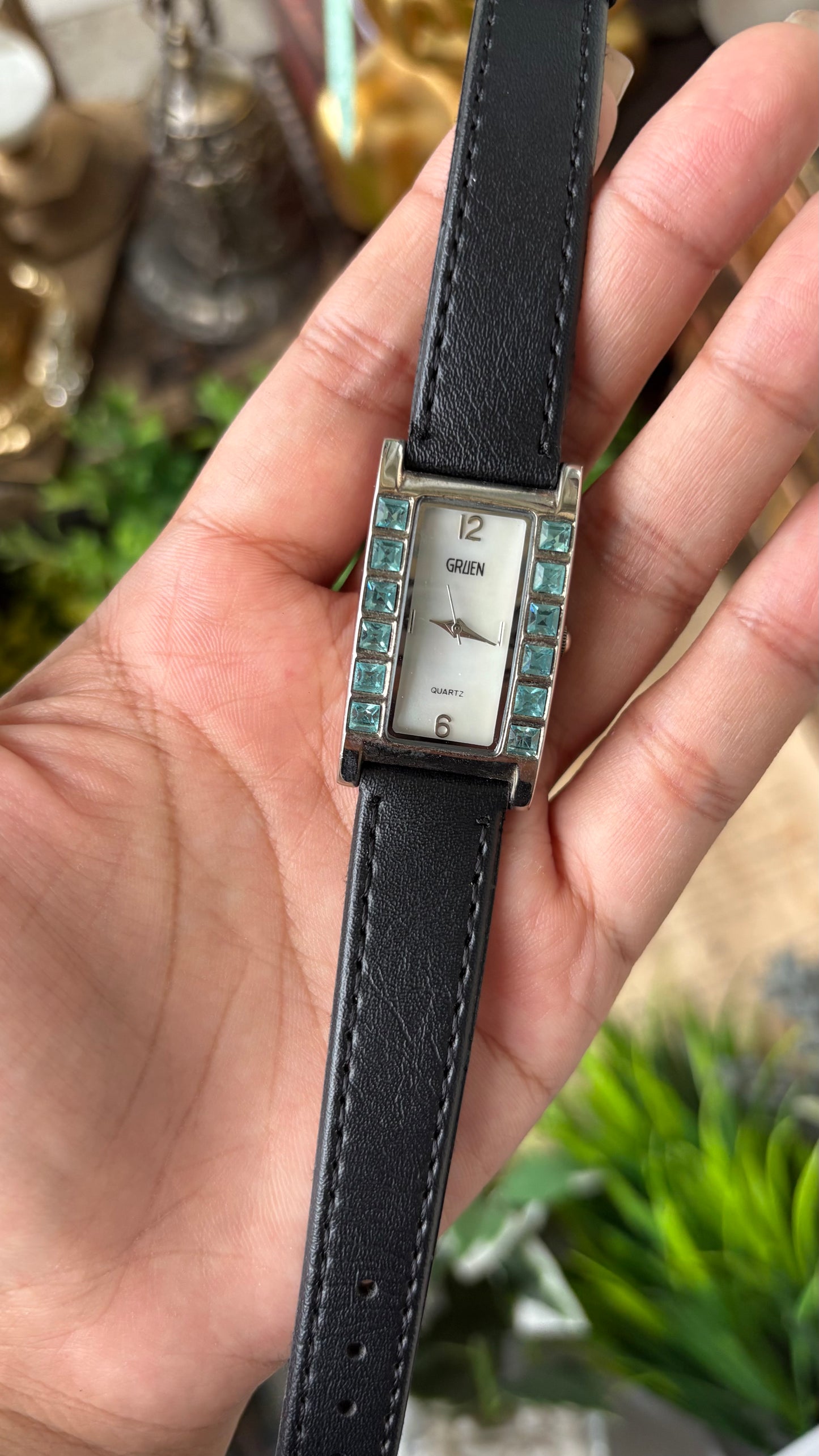 Vintage Gruen Side Rhinestone Accent on Bezel Tank Watch in Silver Tone Black Leather Mother of Pearl Dial Quartz #00941