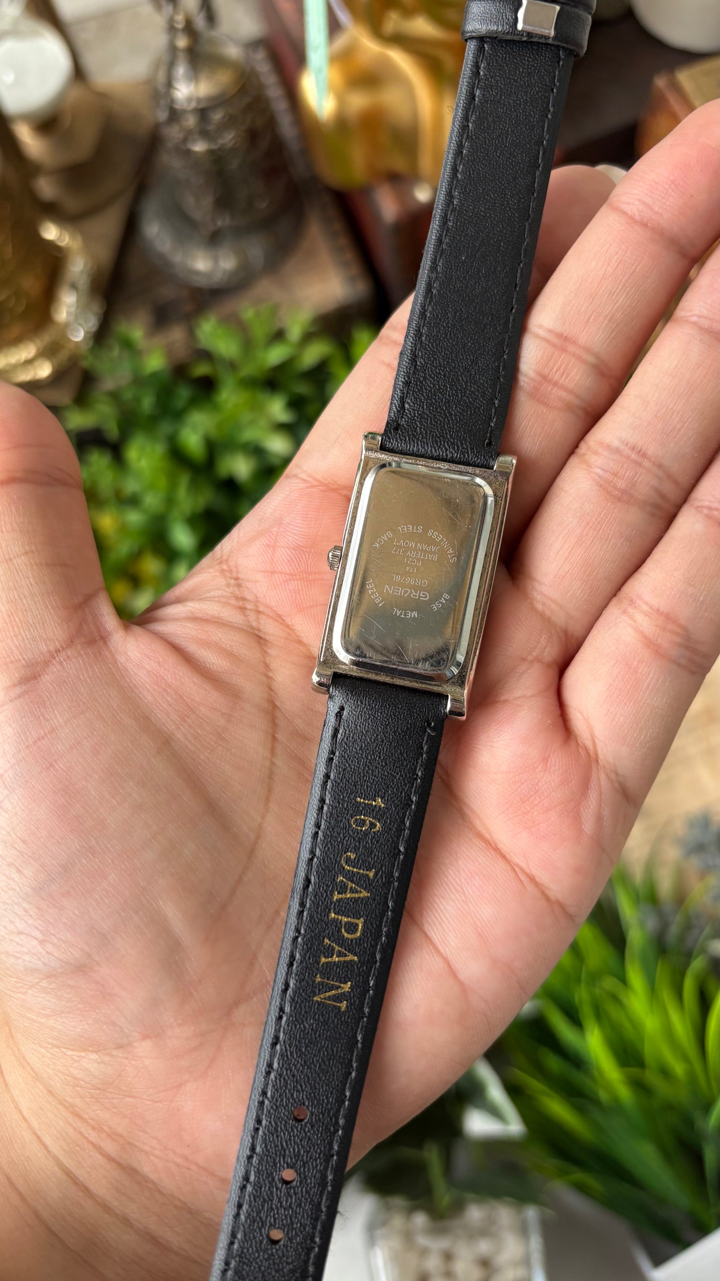 Vintage Gruen Side Rhinestone Accent on Bezel Tank Watch in Silver Tone Black Leather Mother of Pearl Dial Quartz #00941