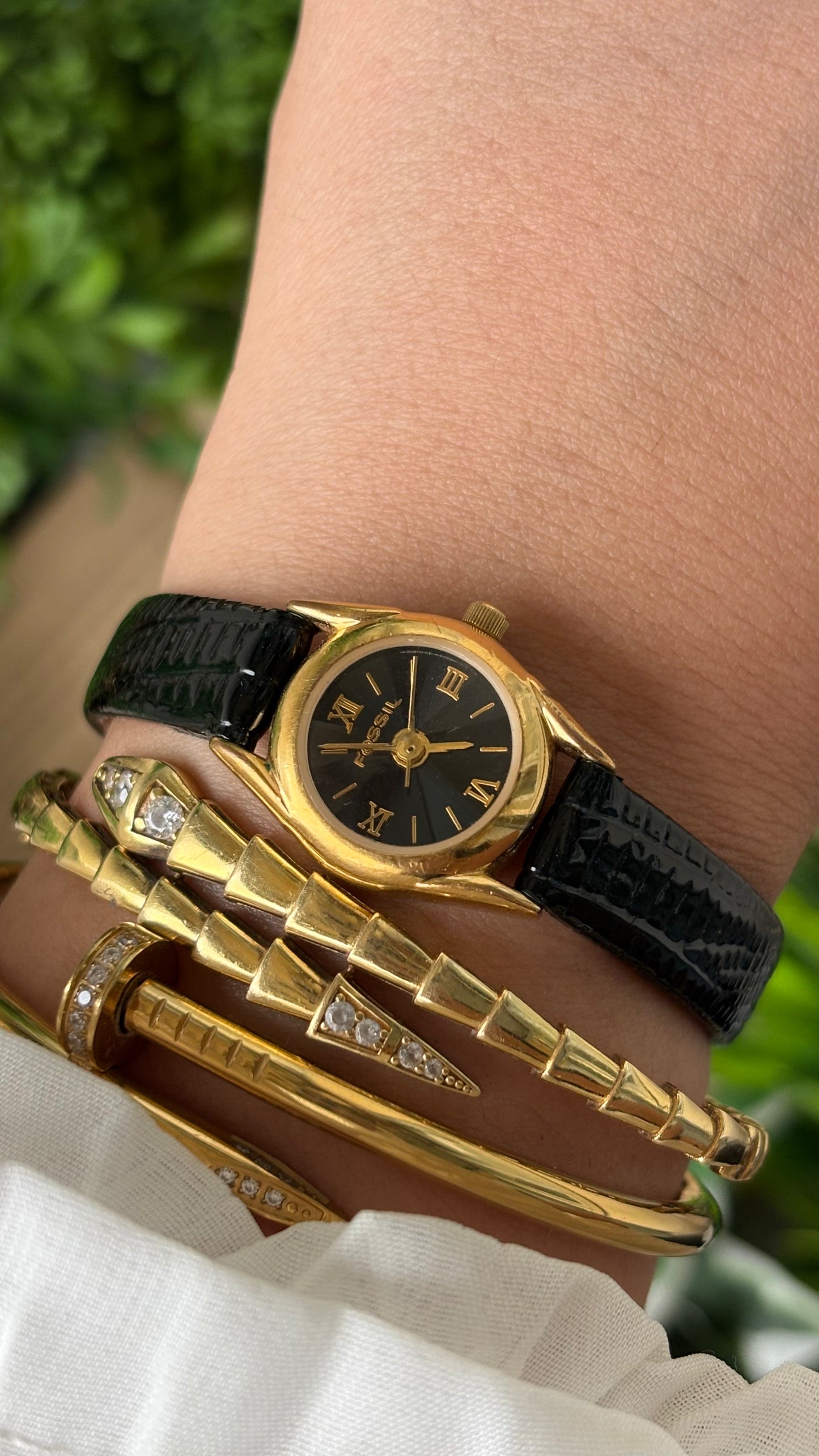 Rare Super Dainty Fossil Minimalist Diacut Glass Watch in Gold Tone Black Leather Quartz #00939