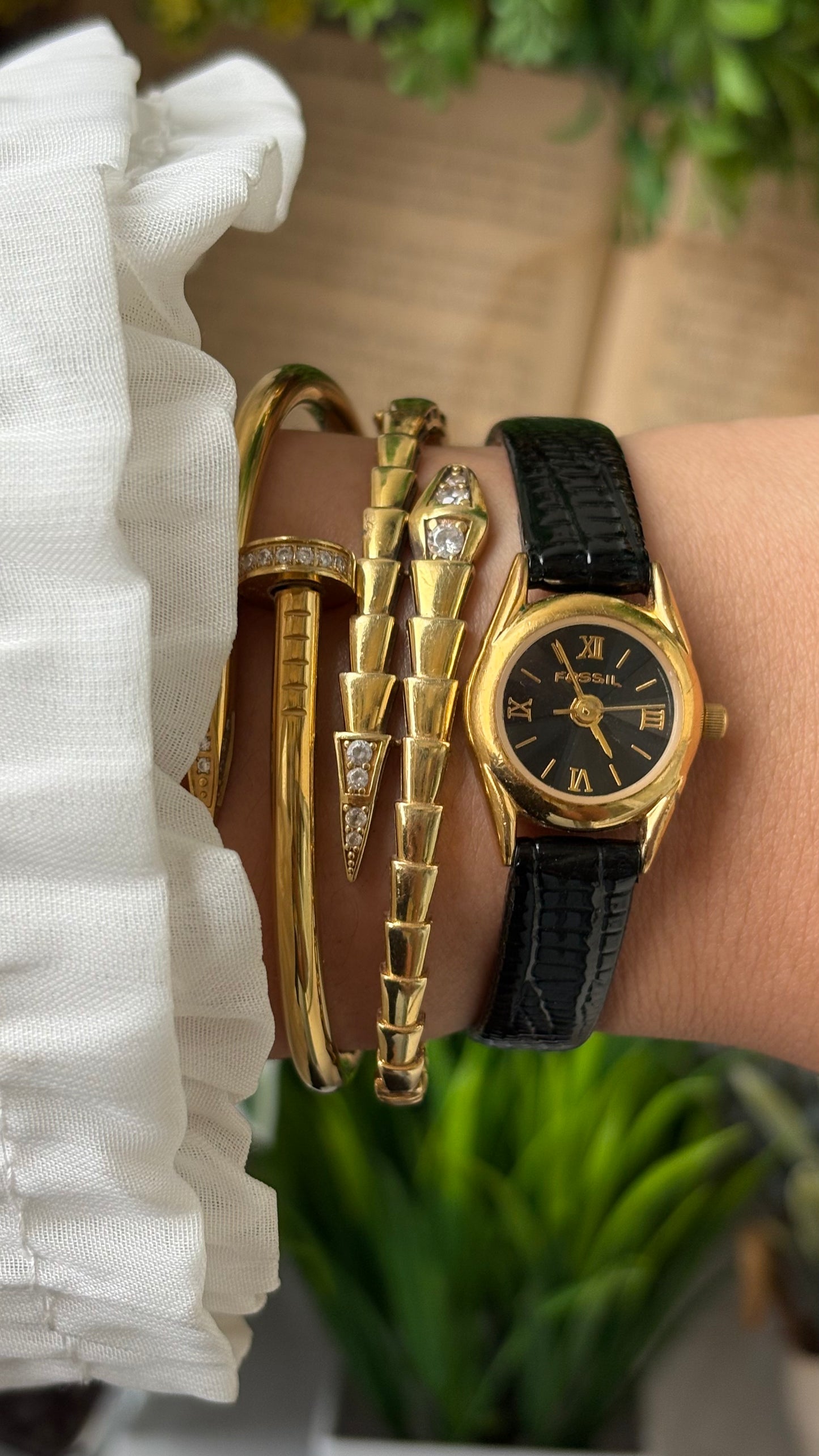 Rare Super Dainty Fossil Minimalist Diacut Glass Watch in Gold Tone Black Leather Quartz #00939