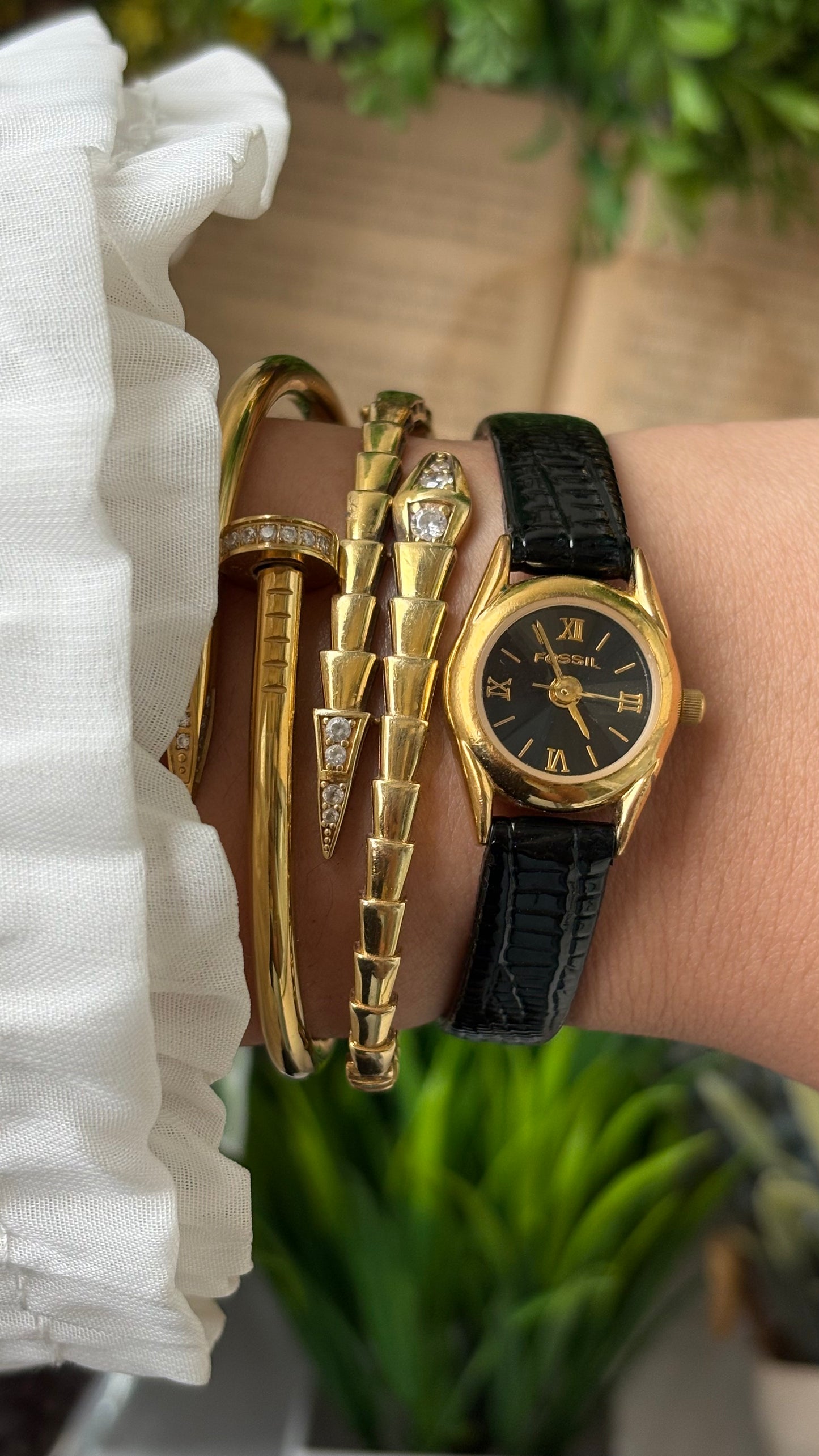 Rare Super Dainty Fossil Minimalist Diacut Glass Watch in Gold Tone Black Leather Quartz #00939