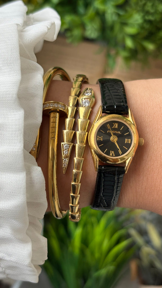 Rare Super Dainty Fossil Minimalist Diacut Glass Watch in Gold Tone Black Leather Quartz #00939