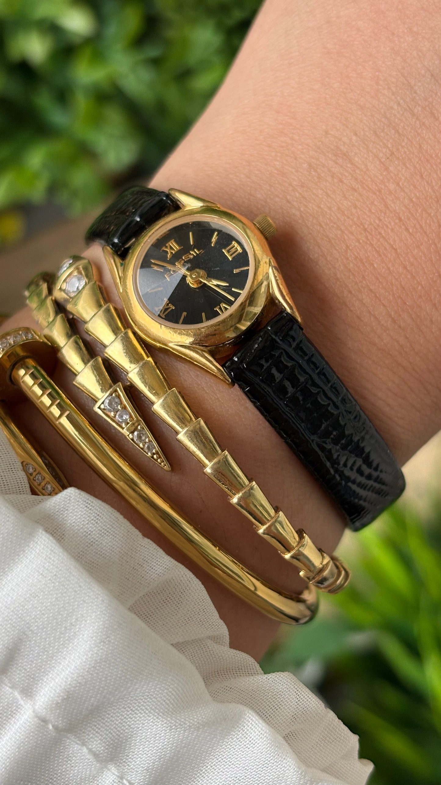 Rare Super Dainty Fossil Minimalist Diacut Glass Watch in Gold Tone Black Leather Quartz #00939