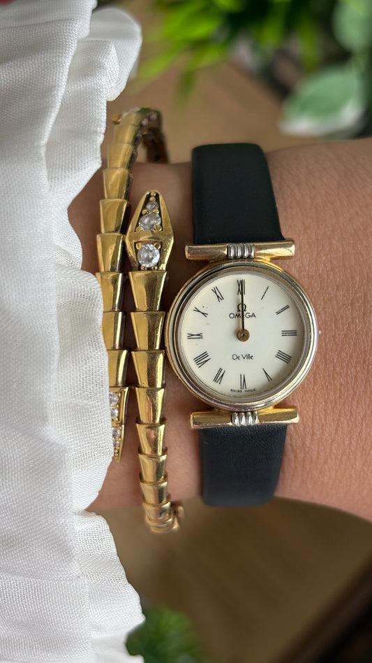 Vintage Omega De Ville Watch in Black Leather Strap with Omega Box Roman Dial