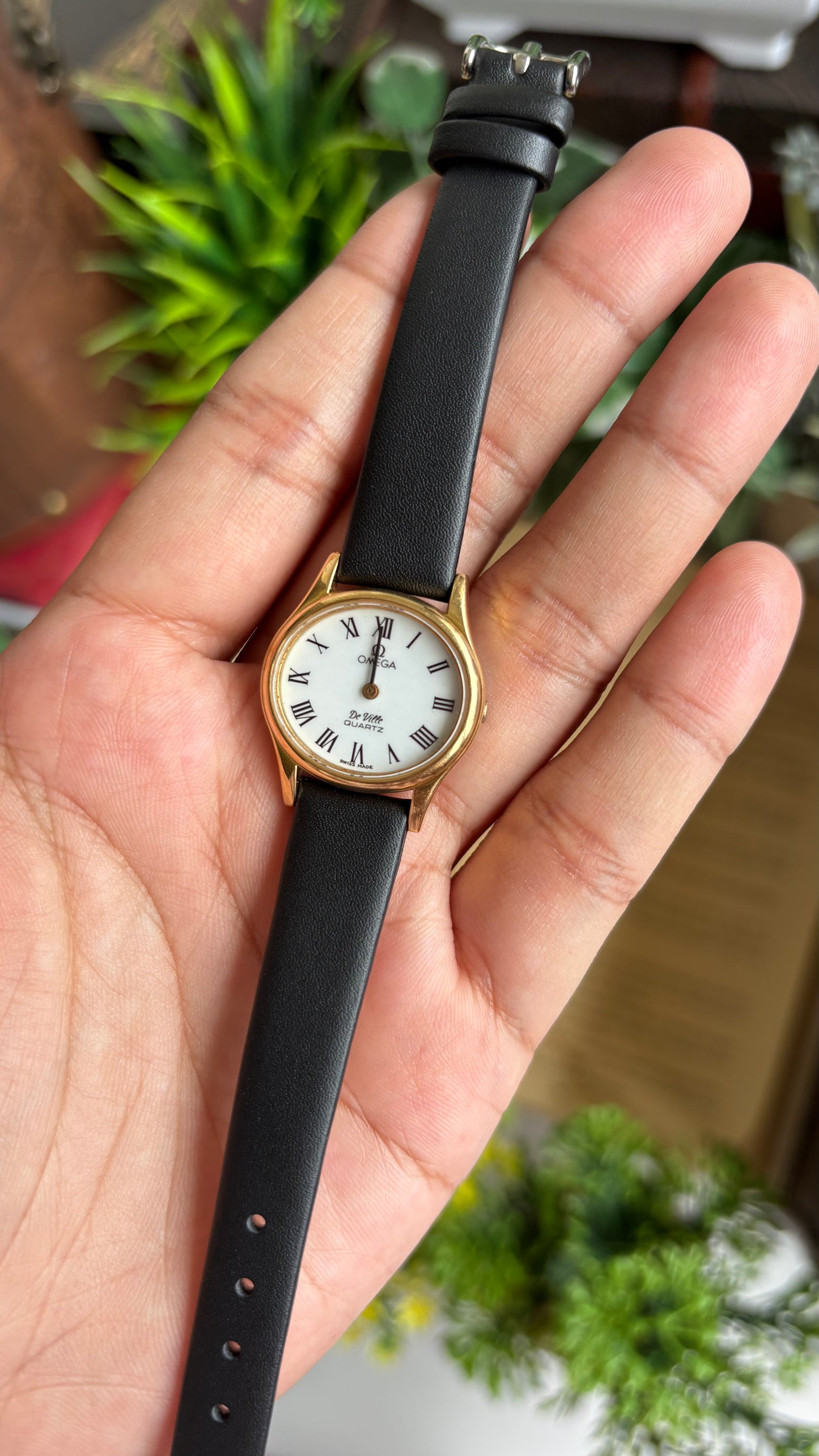 Vintage Omega De Ville Watch in Black Leather Strap Roman Dial with Omega Box
