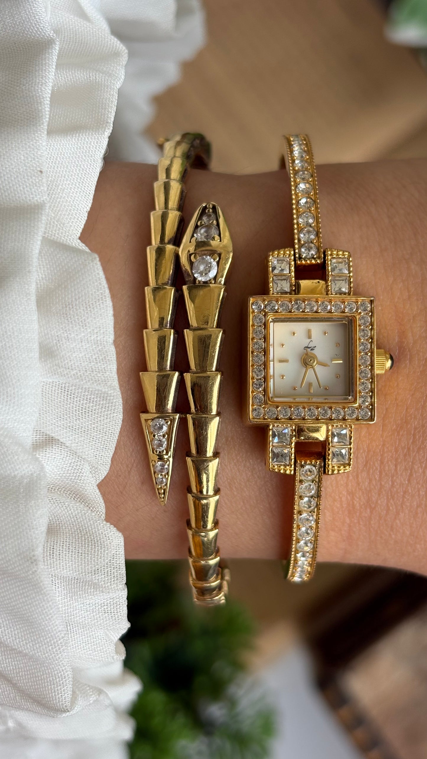 Vintage LZ Fine Jewelry Swiss Tennis Bracelet Watch in Gold Tone Mother of Pearl Dial