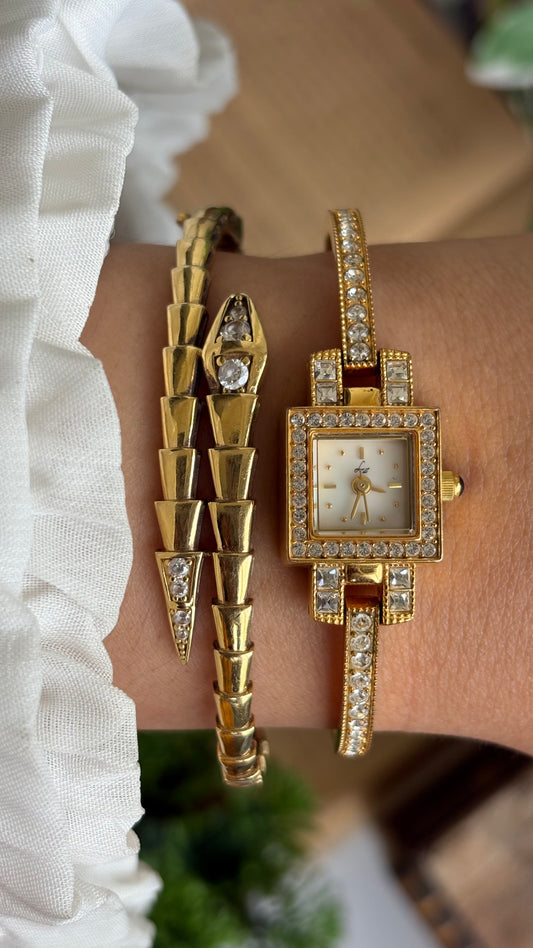Vintage LZ Fine Jewelry Swiss Tennis Bracelet Watch in Gold Tone Mother of Pearl Dial