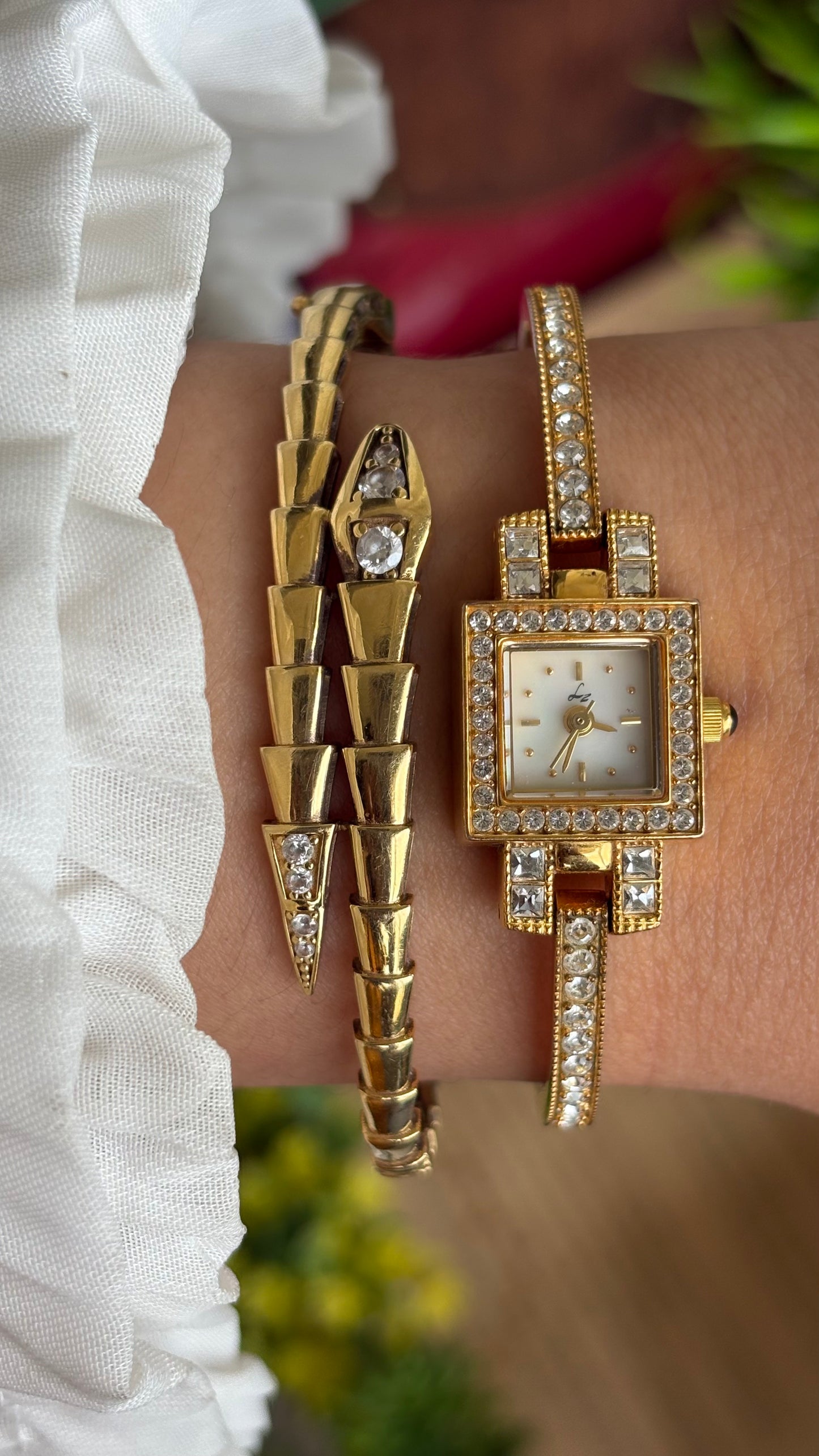 Vintage LZ Fine Jewelry Swiss Tennis Bracelet Watch in Gold Tone Mother of Pearl Dial