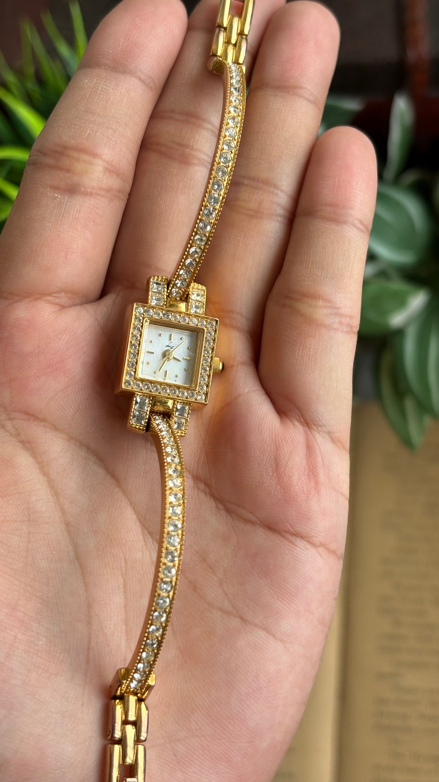 Vintage LZ Fine Jewelry Swiss Tennis Bracelet Watch in Gold Tone Mother of Pearl Dial