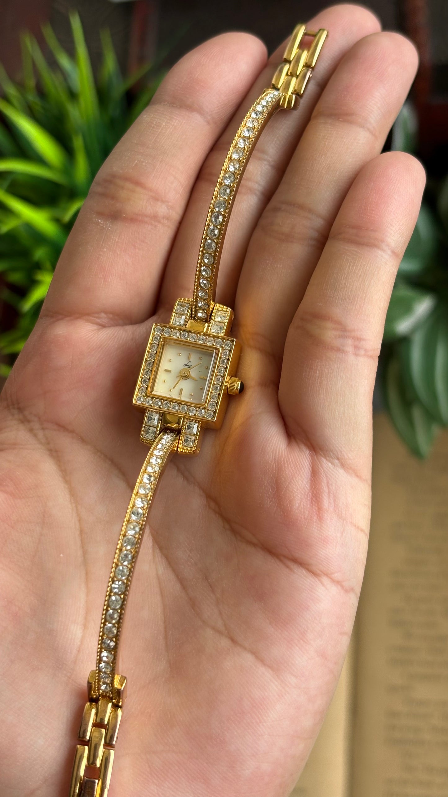 Vintage LZ Fine Jewelry Swiss Tennis Bracelet Watch in Gold Tone Mother of Pearl Dial