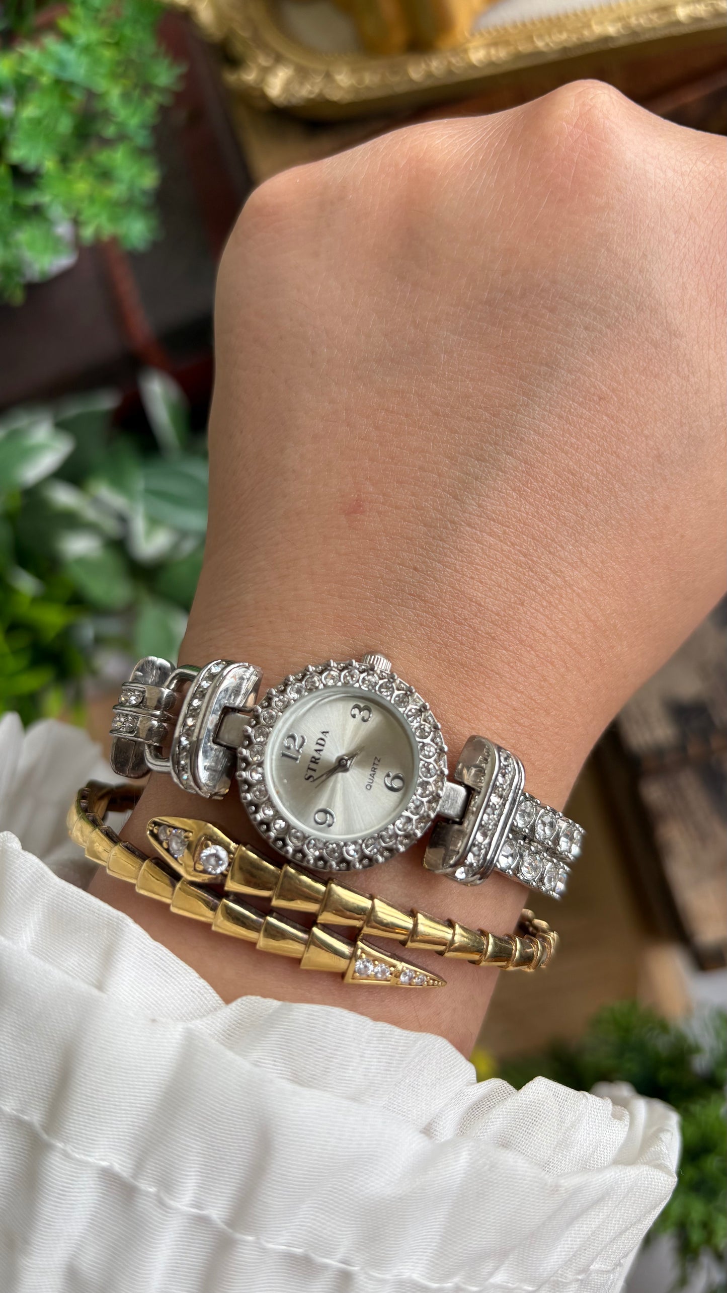 Extremely Rare Vintage Strada Bejeweled Tennis Bracelet Watch in Silver Tone