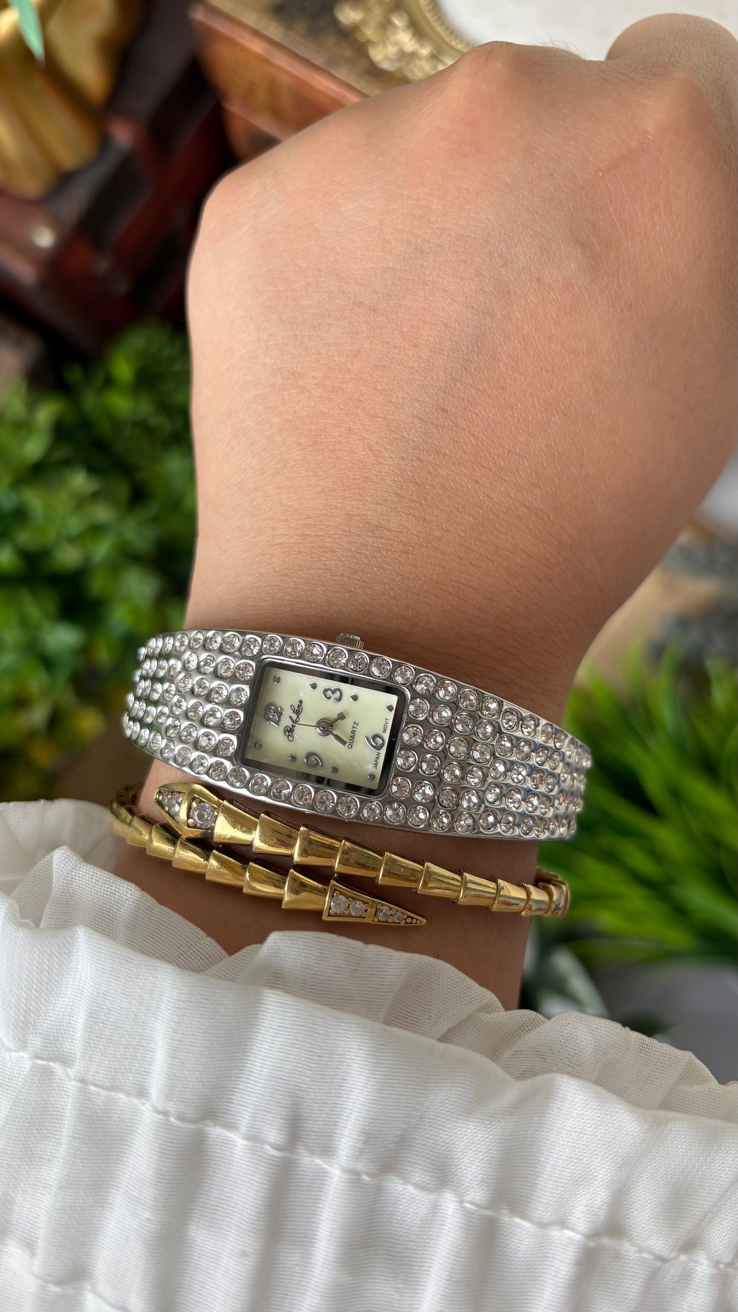 Vintage Parklane All-over Bejeweled Square Bangle Watch in Silver Tone Quartz #00803