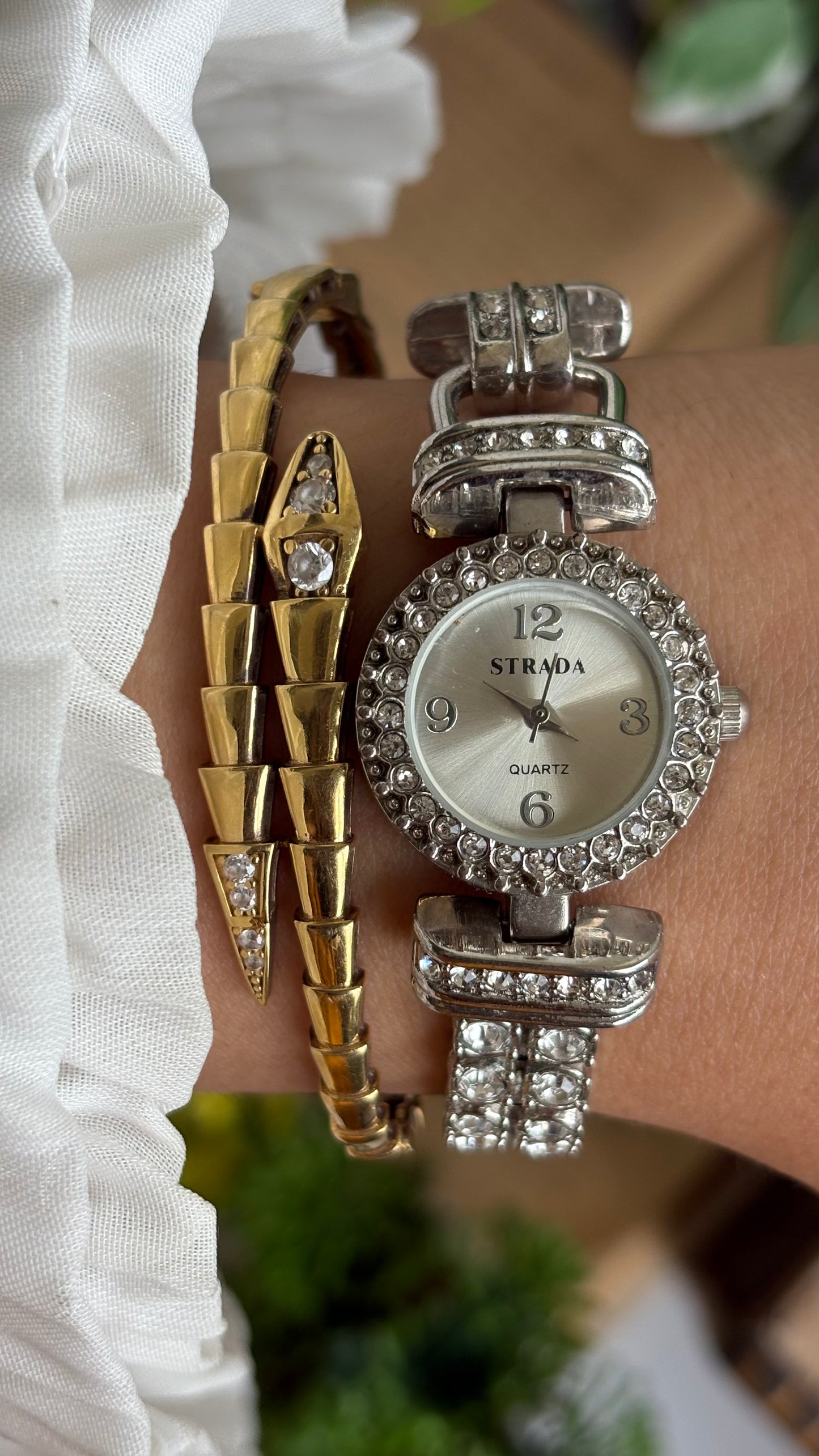 Extremely Rare Vintage Strada Bejeweled Tennis Bracelet Watch in Silver Tone