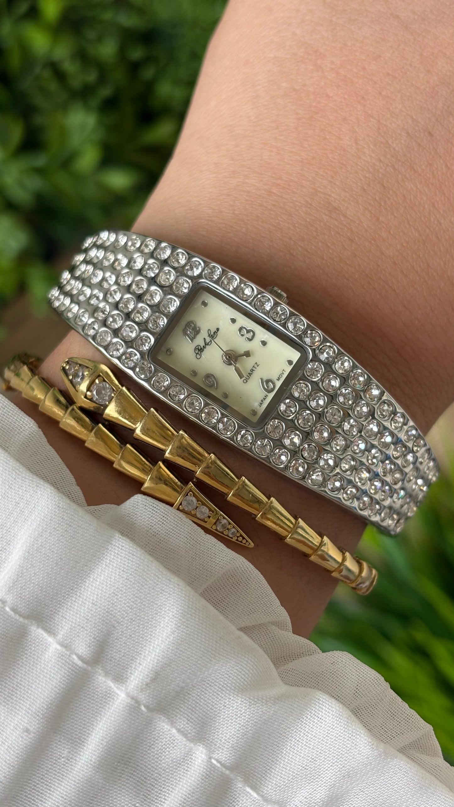 Vintage Parklane All-over Bejeweled Square Bangle Watch in Silver Tone Quartz #00803