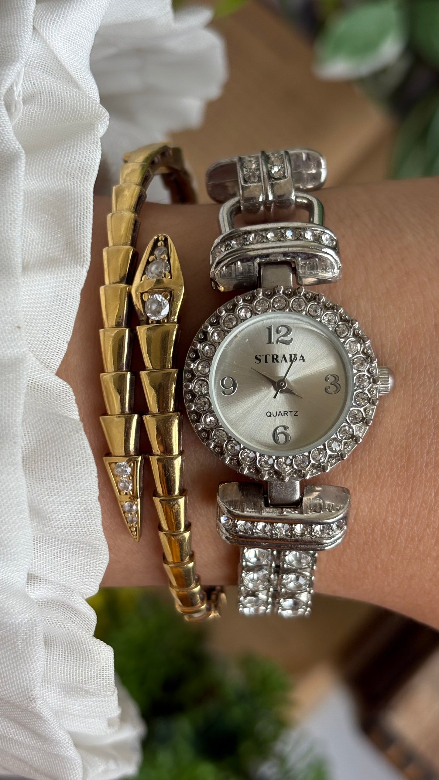 Extremely Rare Vintage Strada Bejeweled Tennis Bracelet Watch in Silver Tone