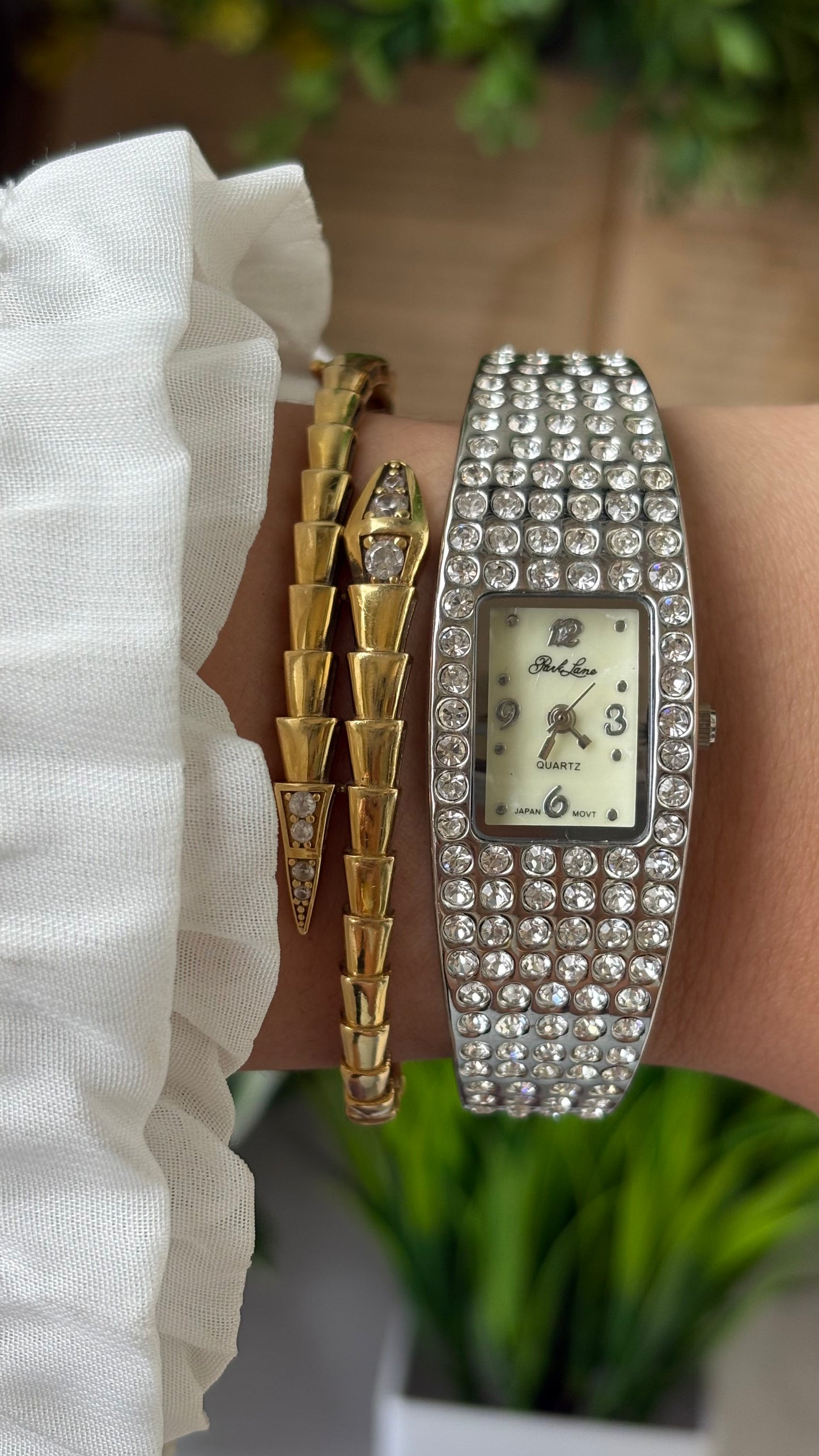 Vintage Parklane All-over Bejeweled Square Bangle Watch in Silver Tone Quartz #00803