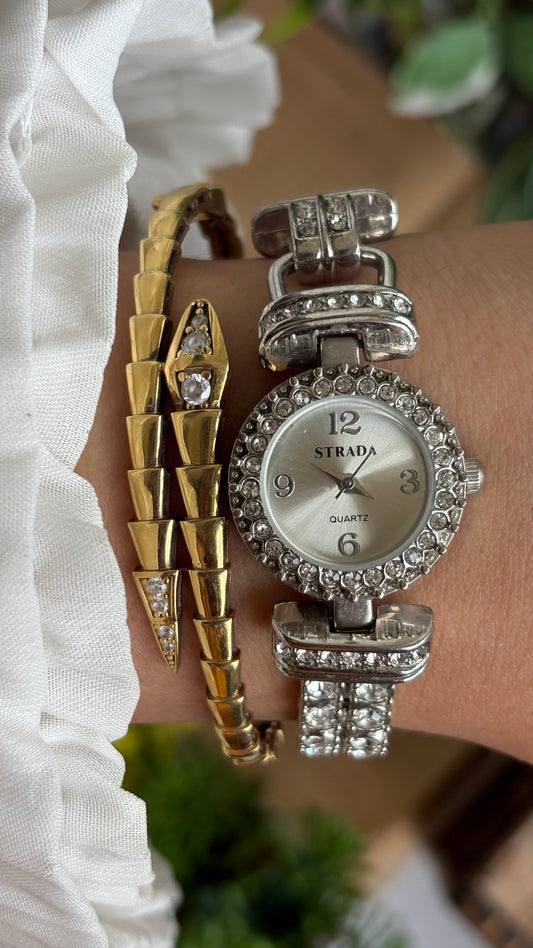 Extremely Rare Vintage Strada Bejeweled Tennis Bracelet Watch in Silver Tone