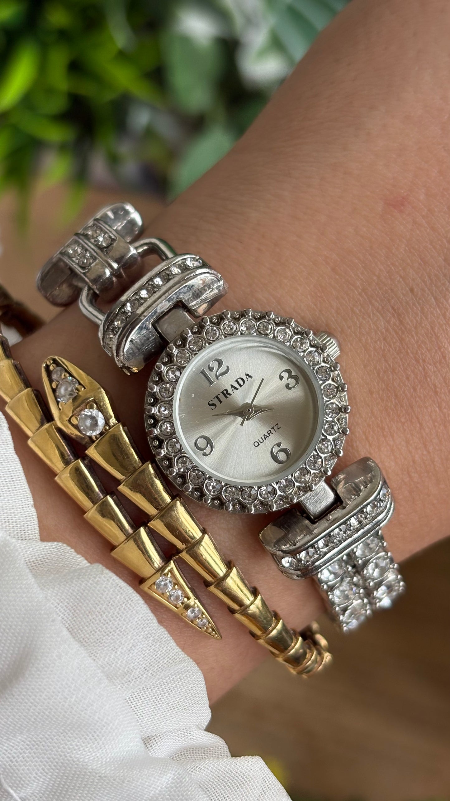 Extremely Rare Vintage Strada Bejeweled Tennis Bracelet Watch in Silver Tone