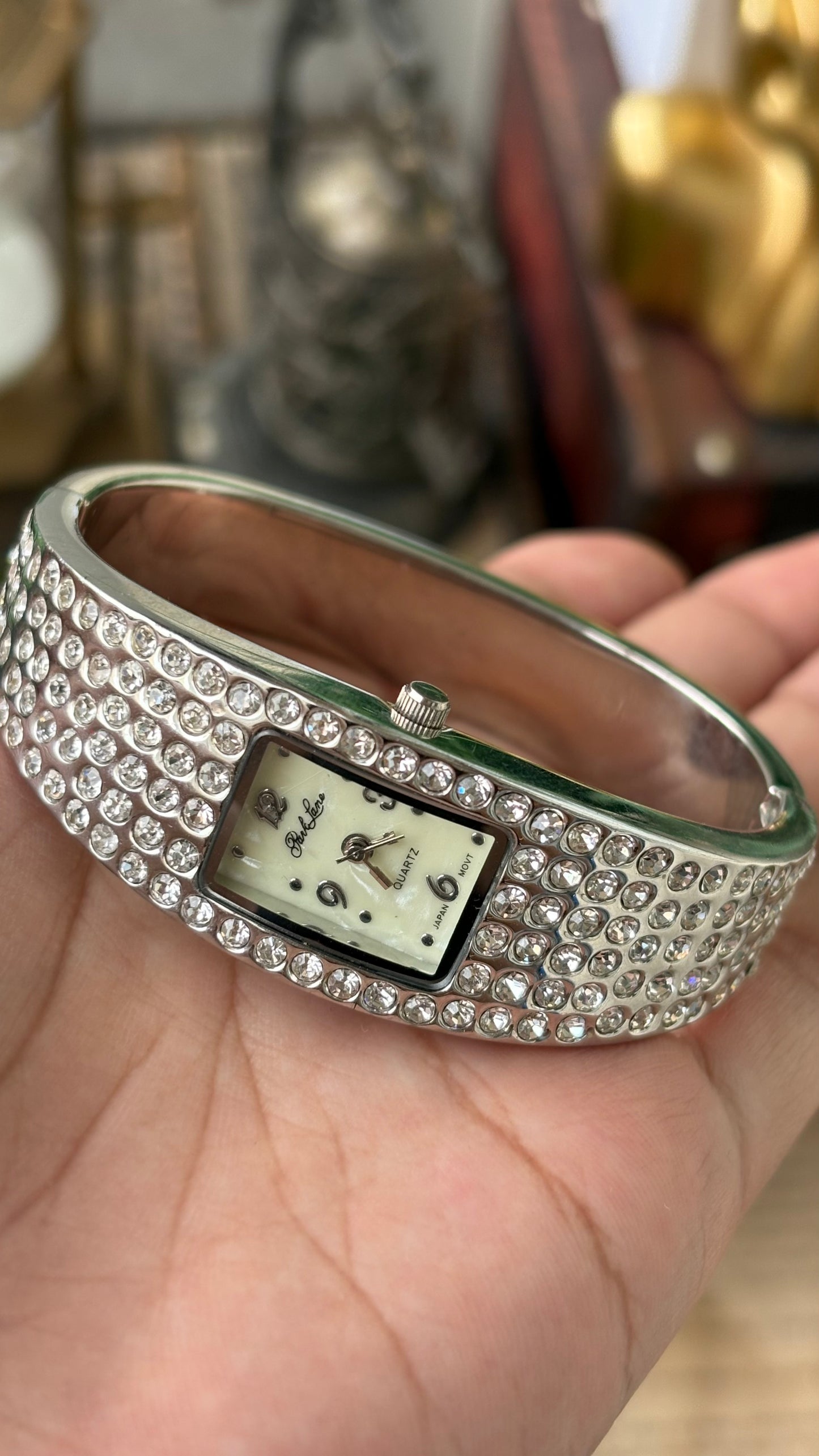Vintage Parklane All-over Bejeweled Square Bangle Watch in Silver Tone Quartz #00803
