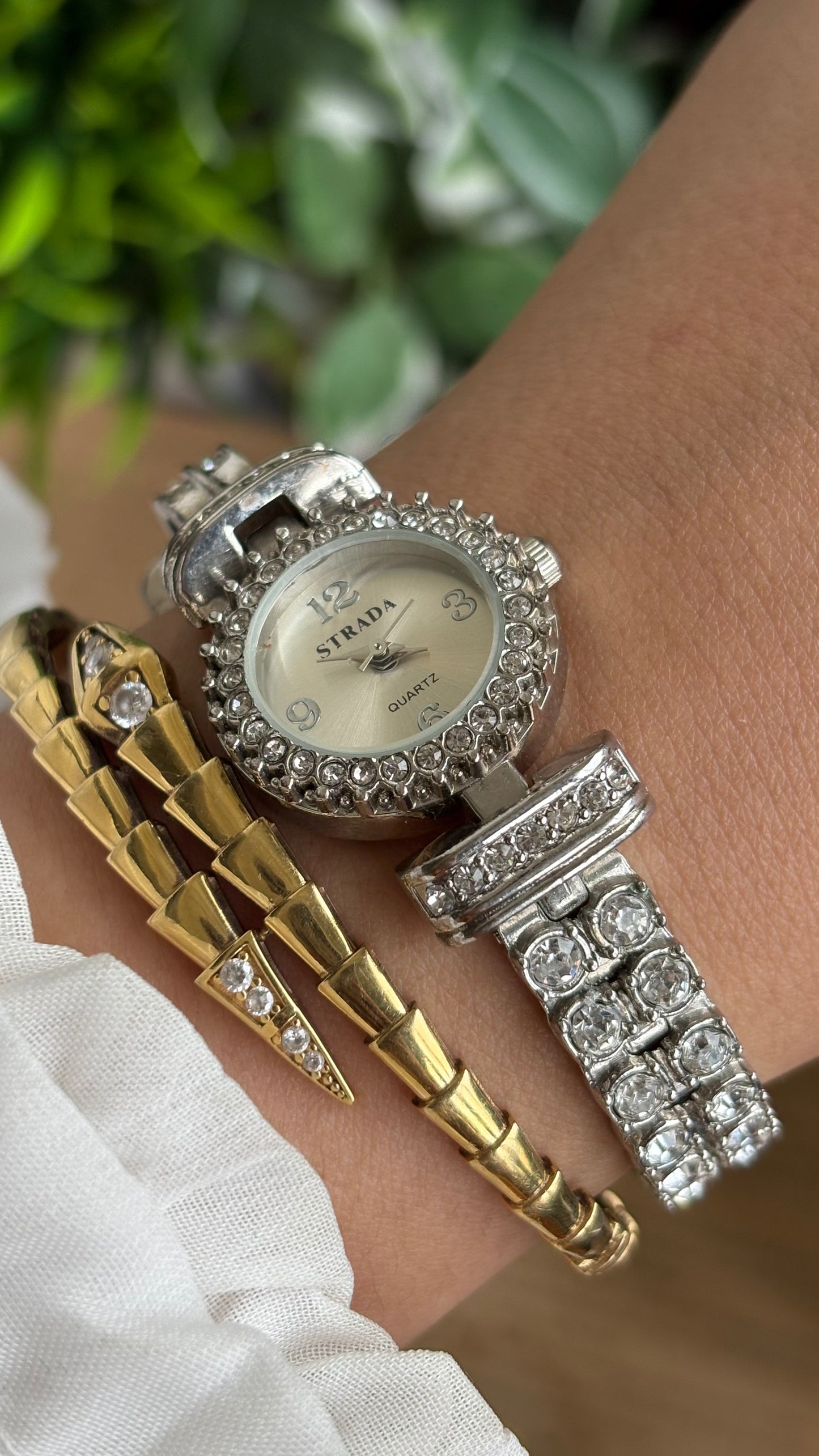 Extremely Rare Vintage Strada Bejeweled Tennis Bracelet Watch in Silver Tone