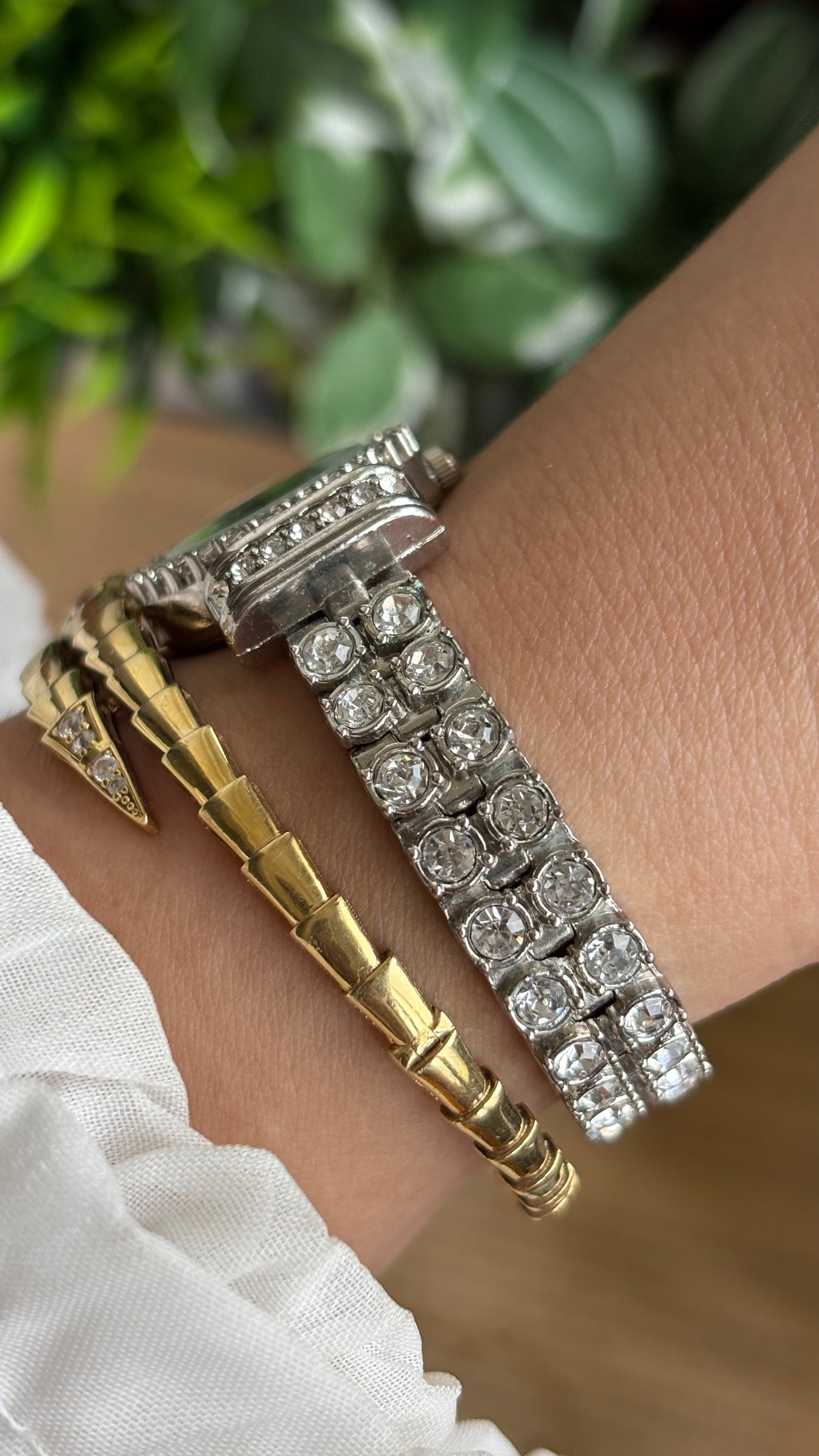 Extremely Rare Vintage Strada Bejeweled Tennis Bracelet Watch in Silver Tone