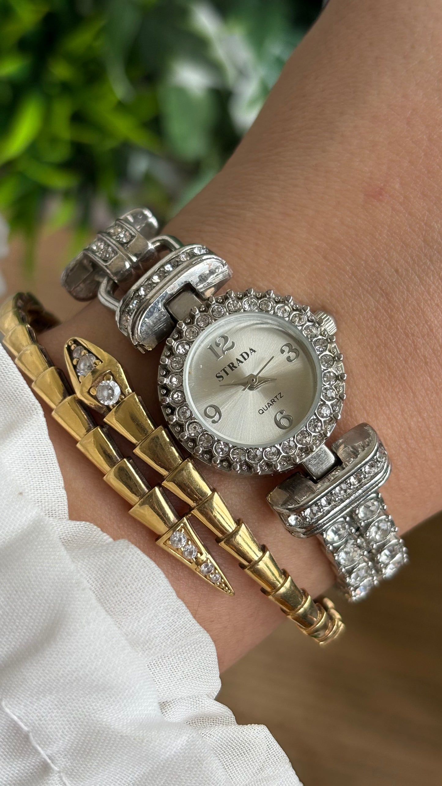 Extremely Rare Vintage Strada Bejeweled Tennis Bracelet Watch in Silver Tone
