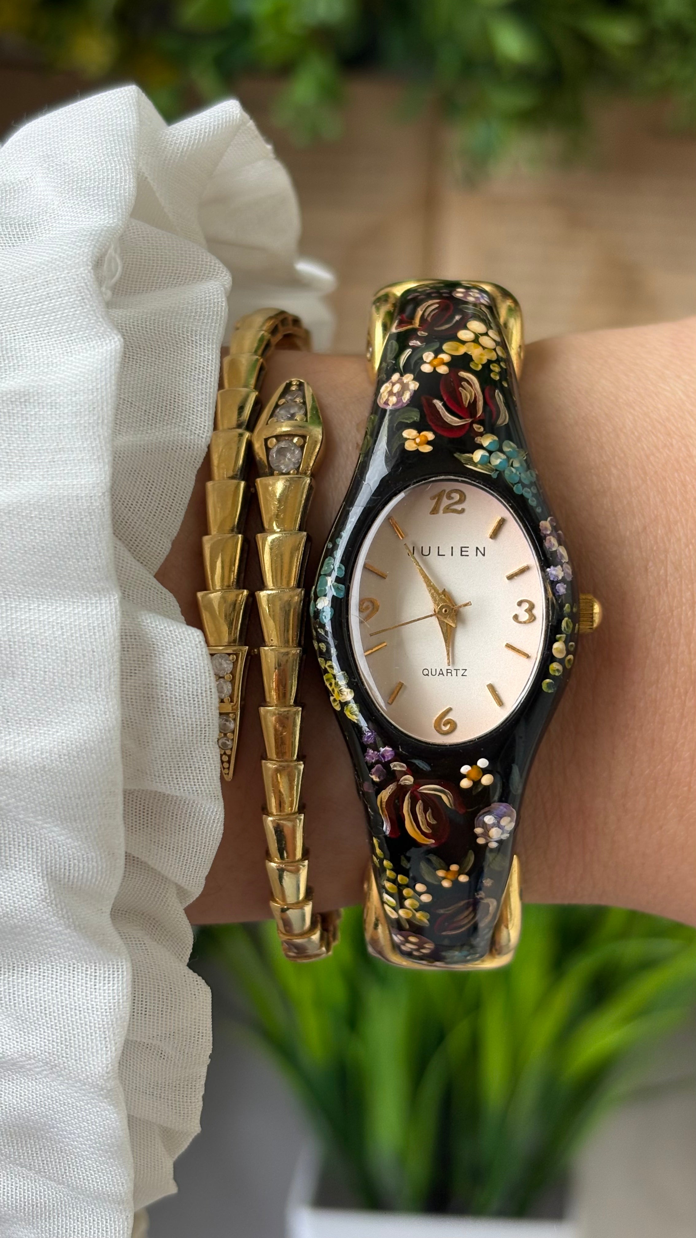 Extremely Rare Vintage Julien Handpainted Bangle Watch in Gold Tone Bl ...