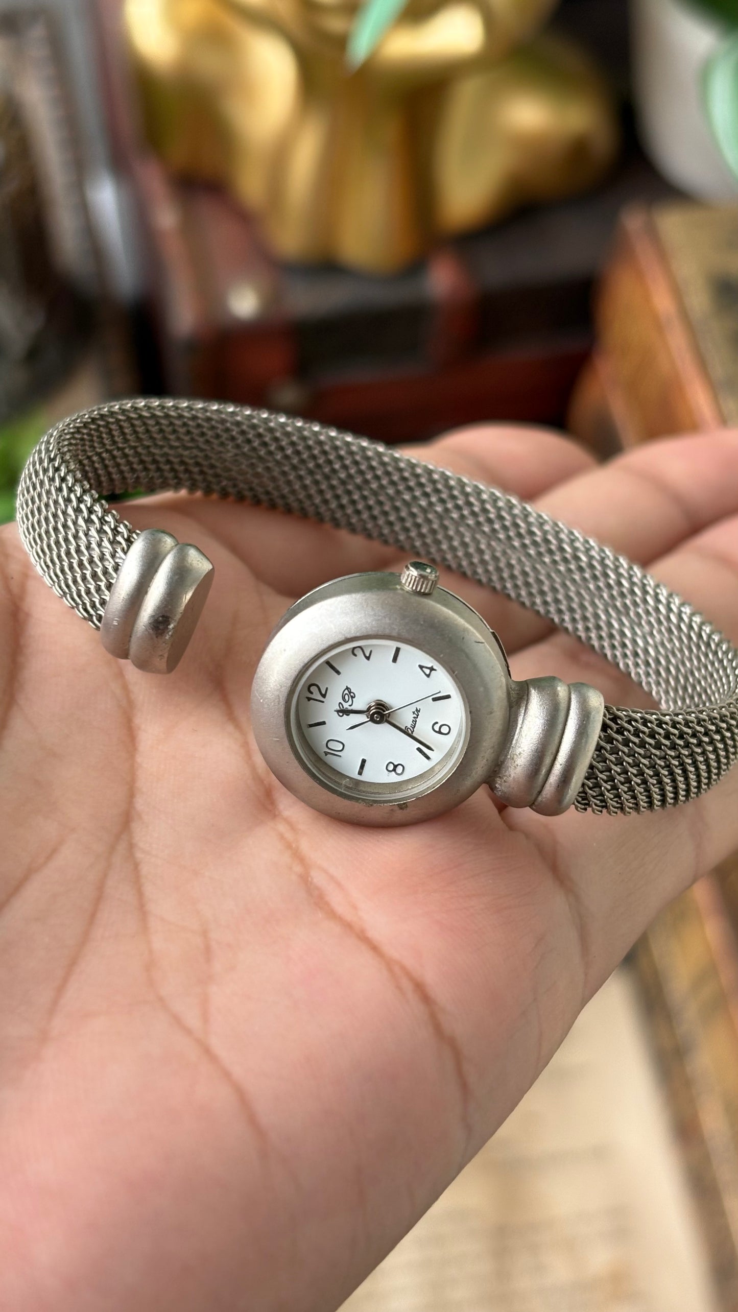 Vintage CB Mesh Bangle Watch in Silver Tone Quartz #00812