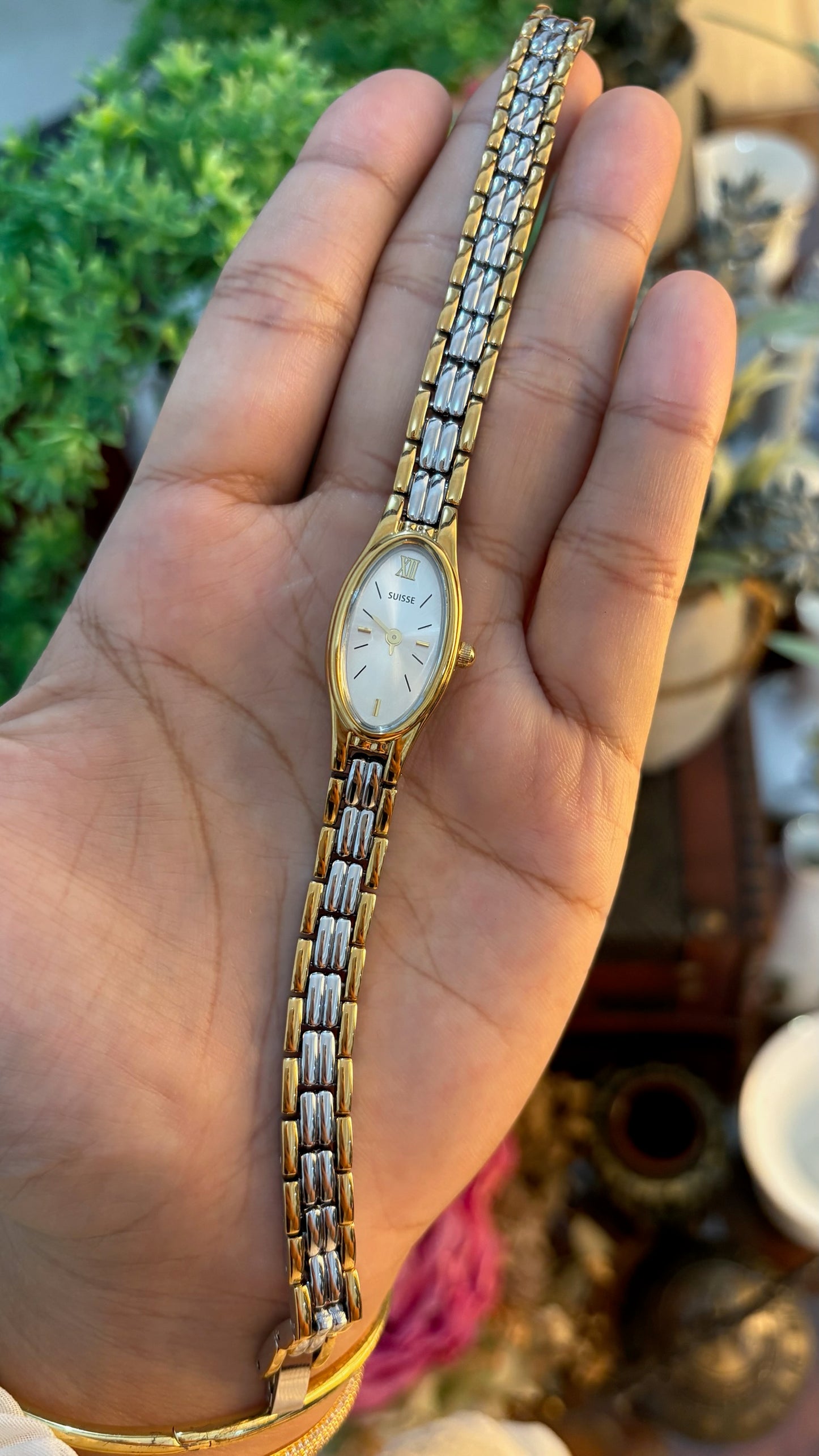 Rare Dainty Vintage Suisse Monet Slim Oval Classic Watch in Two-Tone Quartz Seiko XV00 Movement
