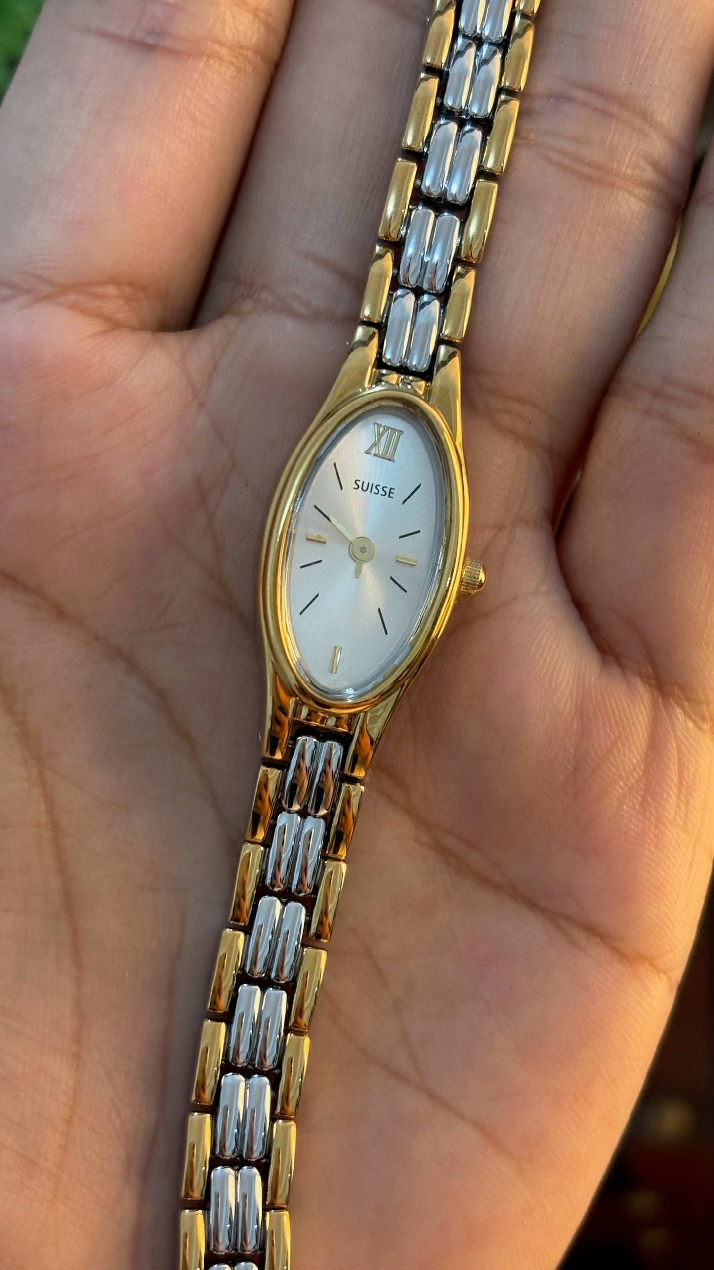 Rare Dainty Vintage Suisse Monet Slim Oval Classic Watch in Two-Tone Quartz Seiko XV00 Movement