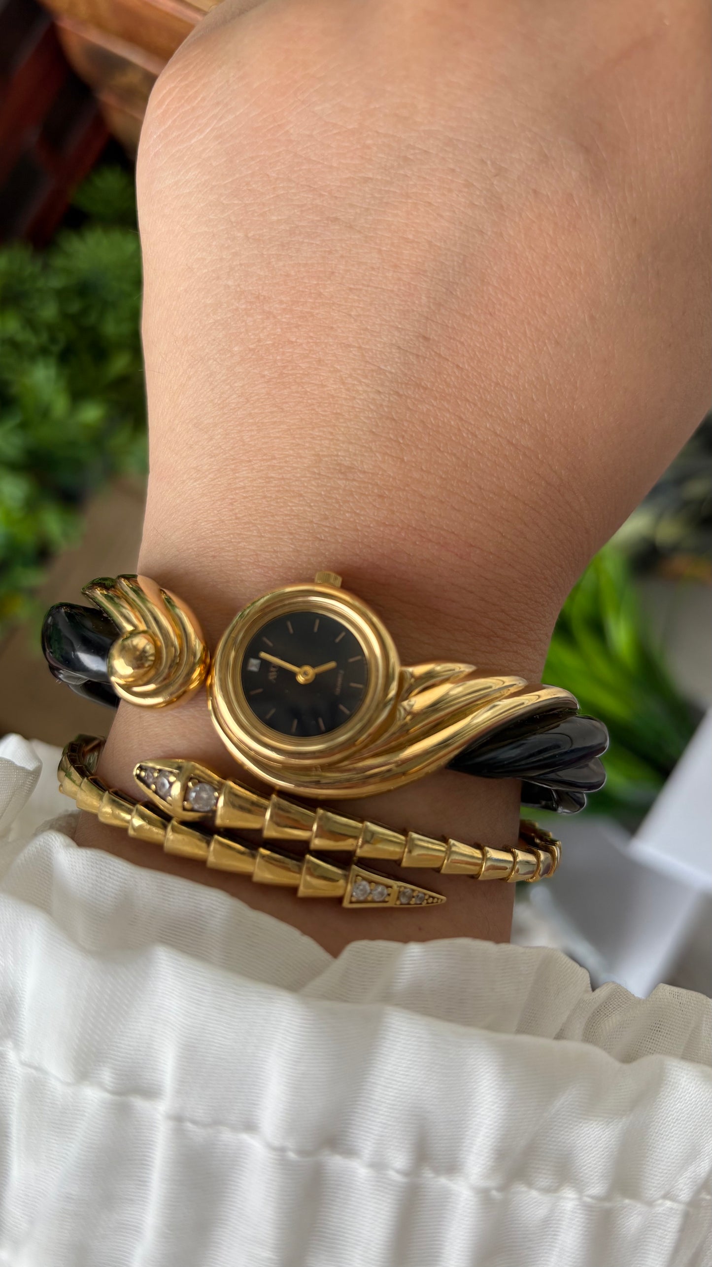 Extremely Rare Vintage Avon Goddess Watch in Gold Tone Black Acrylic Accent Black Dial Quartz #00807