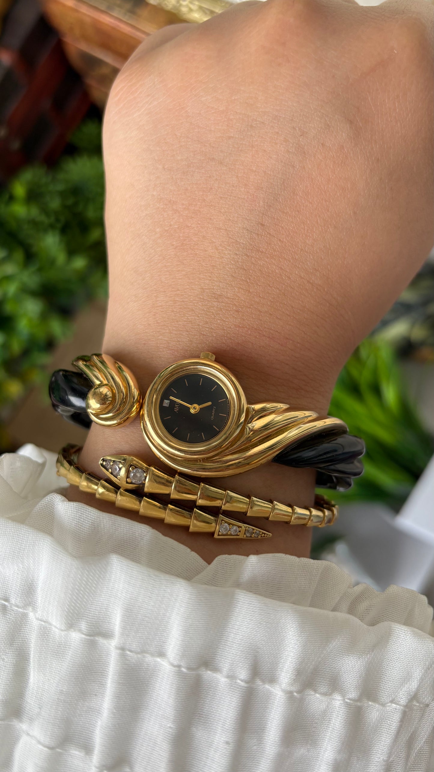 Extremely Rare Vintage Avon Goddess Watch in Gold Tone Black Acrylic Accent Black Dial Quartz #00807