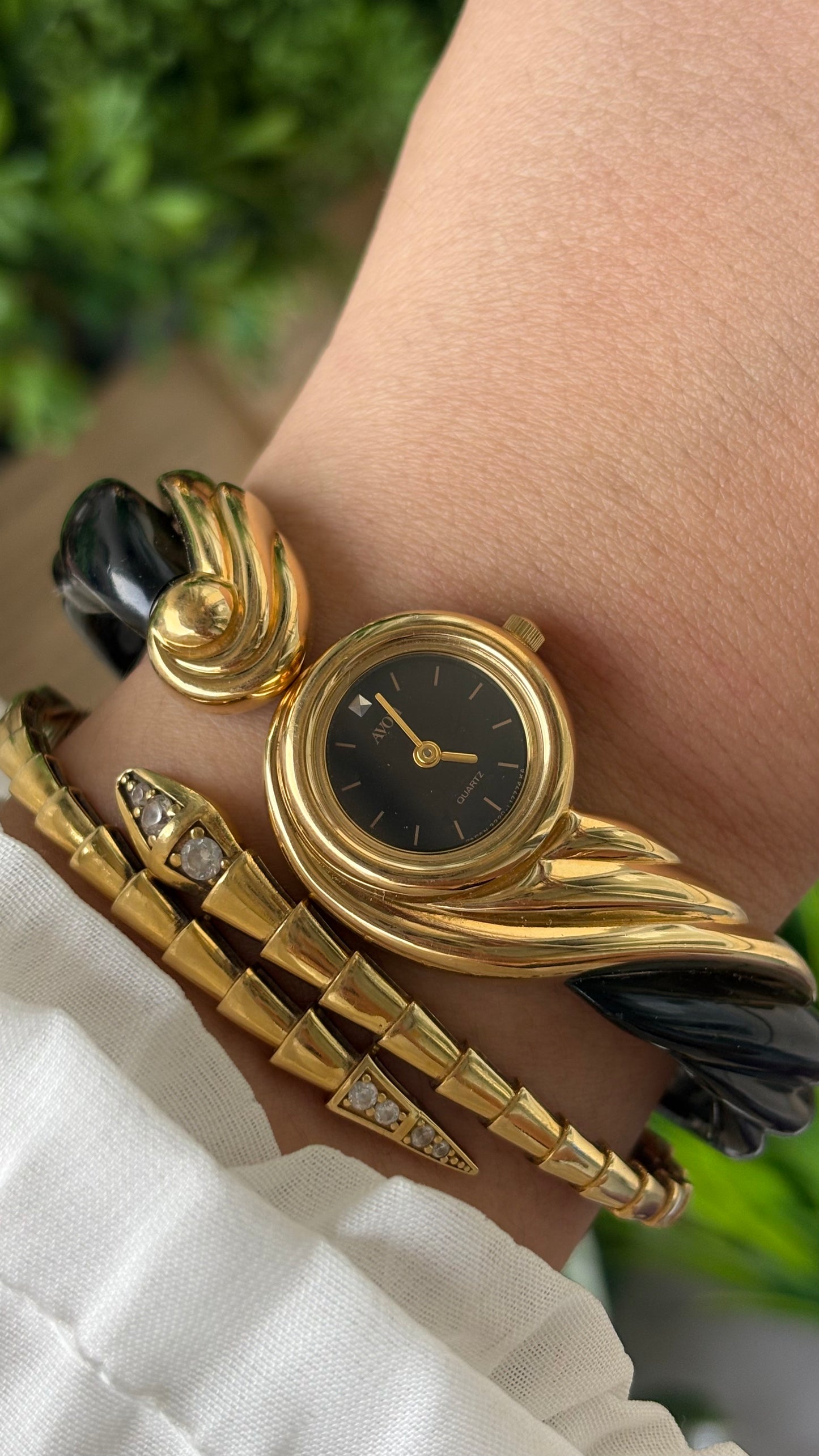 Extremely Rare Vintage Avon Goddess Watch in Gold Tone Black Acrylic Accent Black Dial Quartz #00807